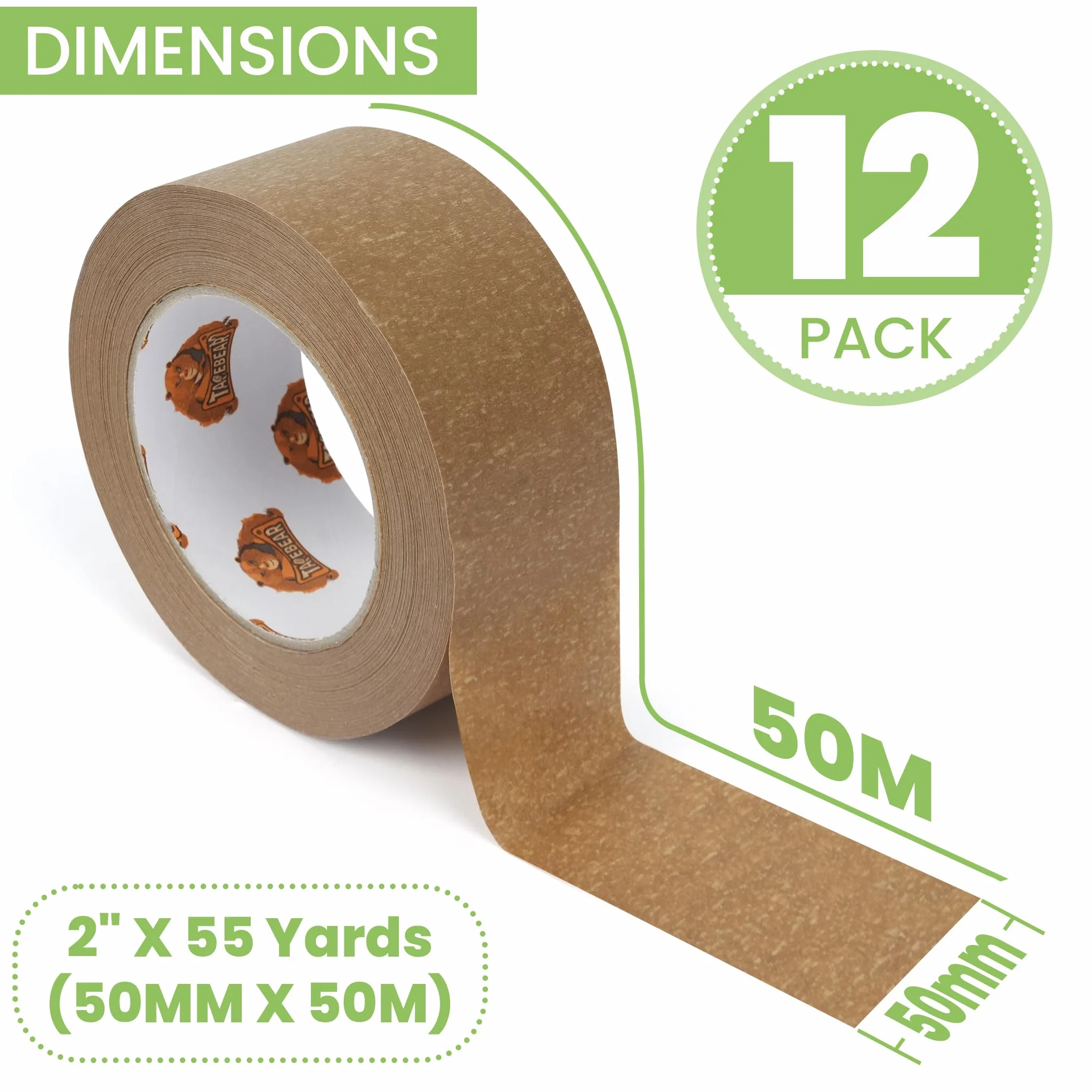 TAPEBEAR Przyjazna dla środowiska taśma klejąca z papieru typu kraft, 50 m x 50 mm, 12 rolek materiału biologicznego, brązowa, taśma do pakowania, degradacja, taśma do pakowania