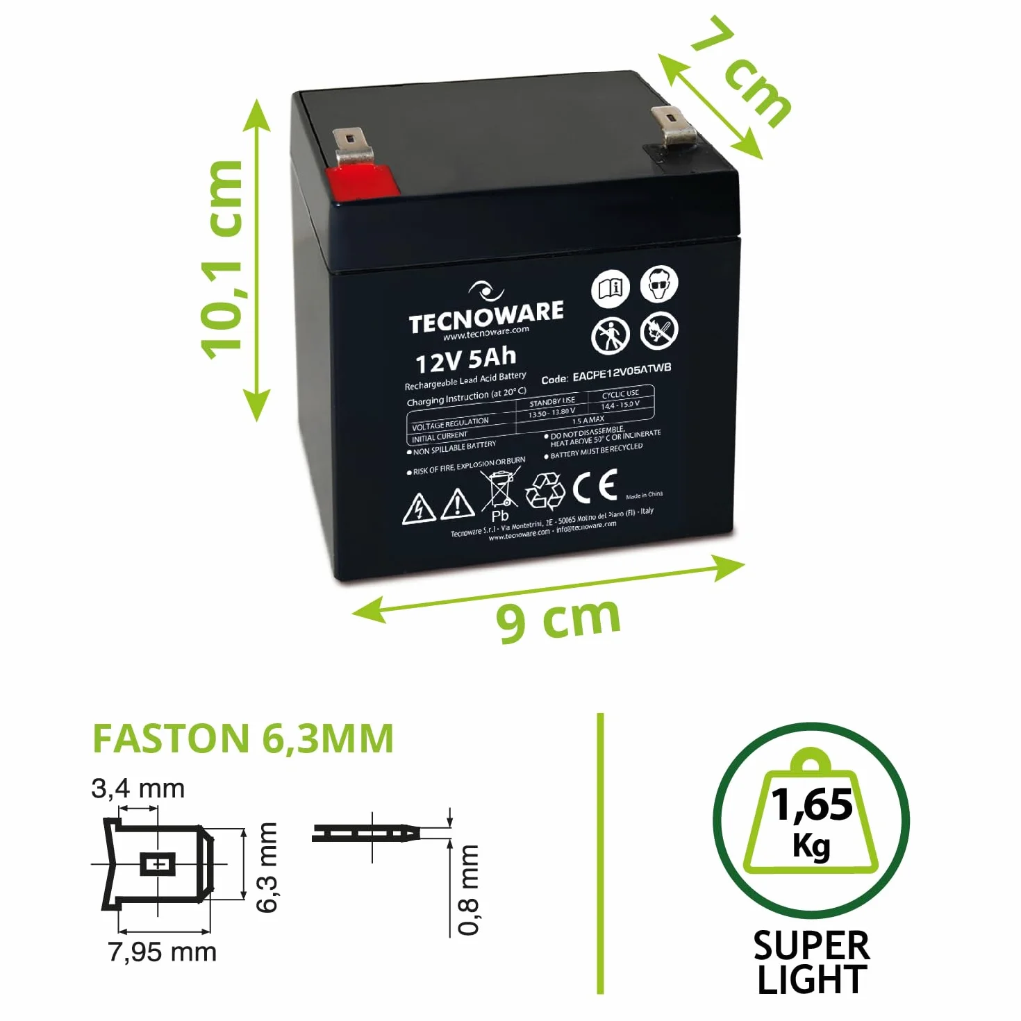 Tecnoware Hermetyczna bateria ołowiowa 12V 5Ah do UPS i systemów alarmowych Faston 6,3 mm