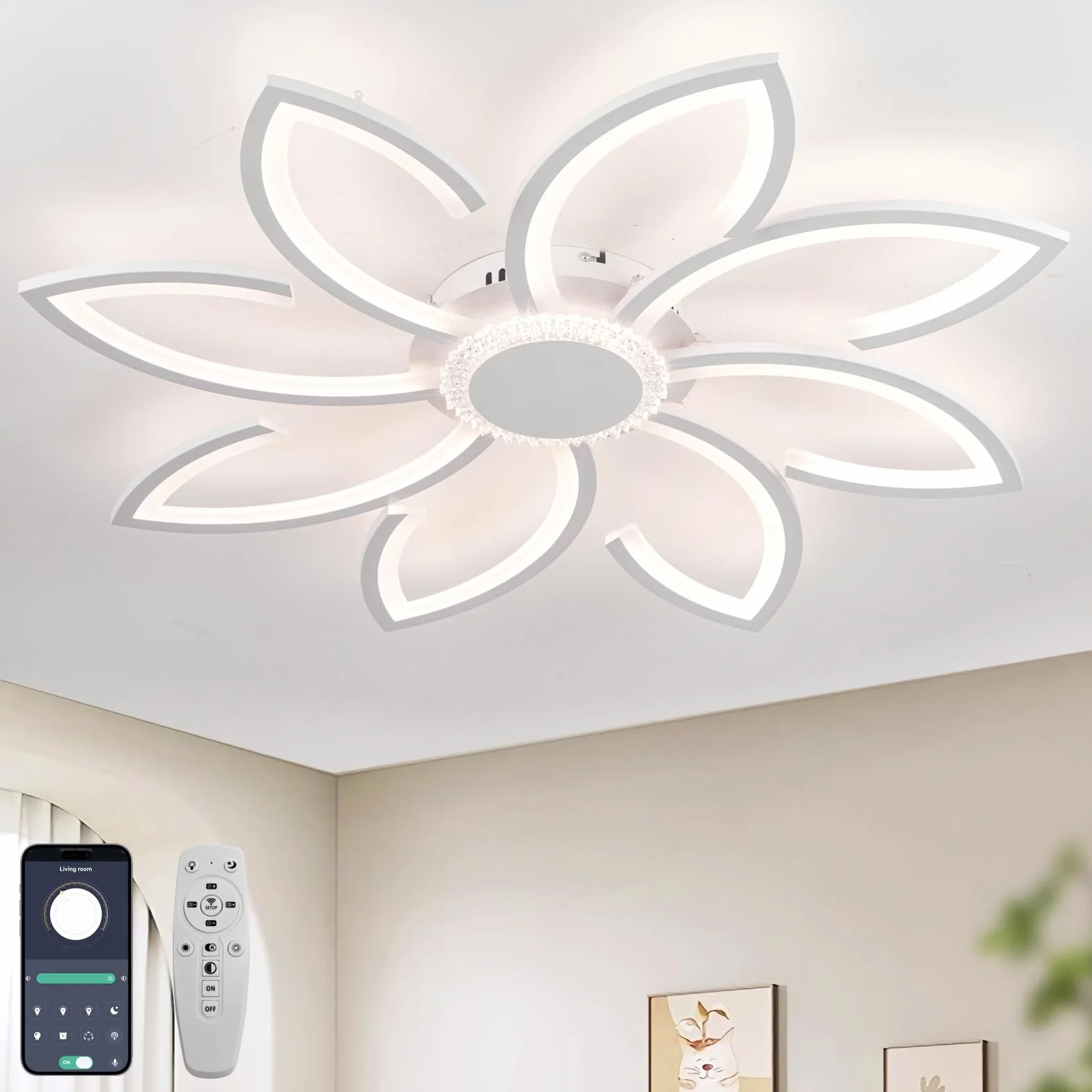 Oświetlenie Sufitowe 90 Cm Z Aplikacją Do Zdalnego Sterowania, Ściemniana Lampa Sufitowa LED Z Funkcją Pamięci, Lampa Sufitowa W Kształcie Kwiatka Do Sypialni 72 W Do Biura, Salonu