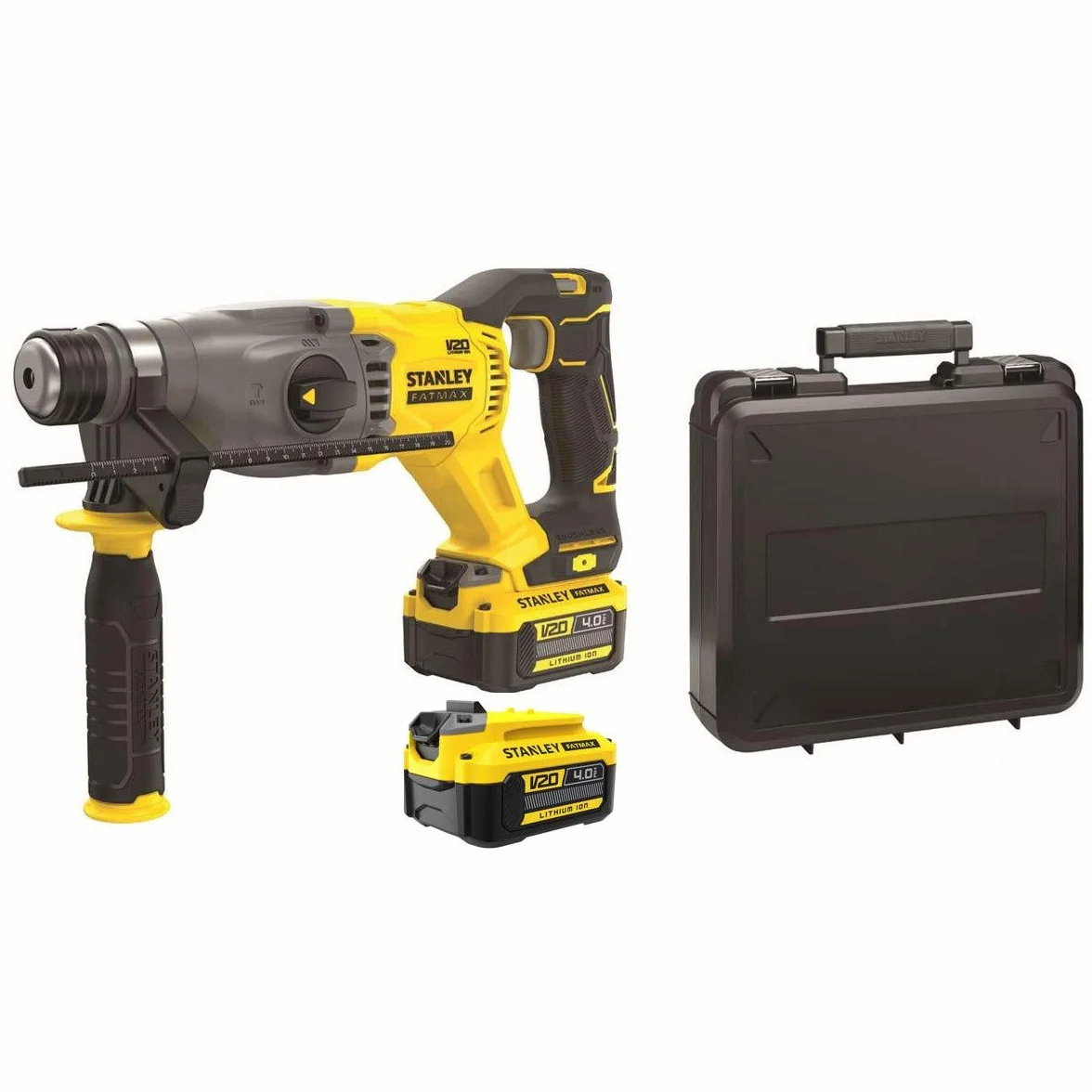 STANLEY FATMAX, Bezszczotkowa młotowiertarka udarowa SDS Plus 18V V20 z dwoma akumulatorami 4,0 Ah i kufer, SFMCH900M22-QW