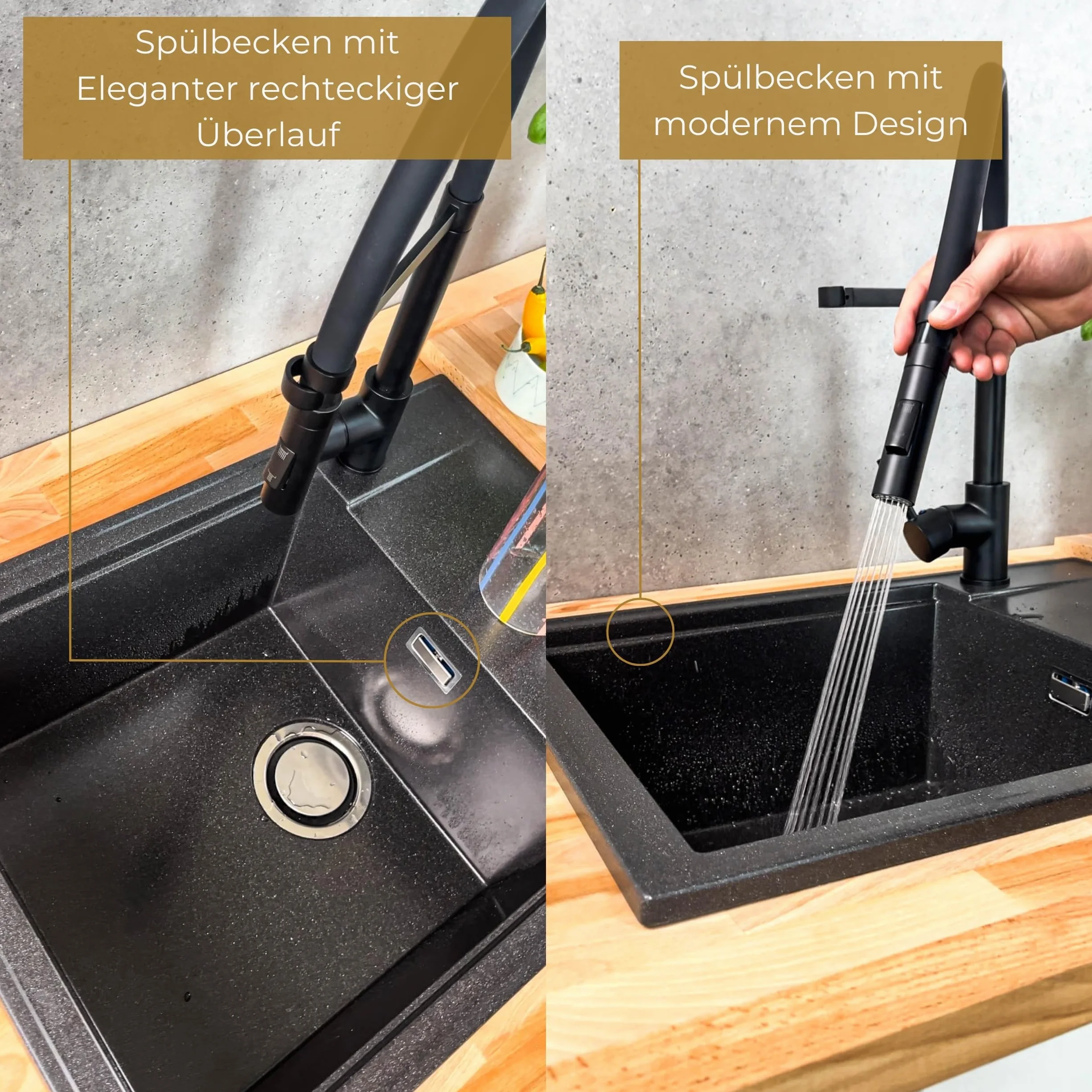 Zlewozmywak empiria SINK QUALITY granitowy czarny z złotymi plamami 62x46 - zlewozmywak z złotym syfonem, podstawka do spuszczania wody, środek do impregnacji - zlewozmywak kuchenny z powierzchnią do