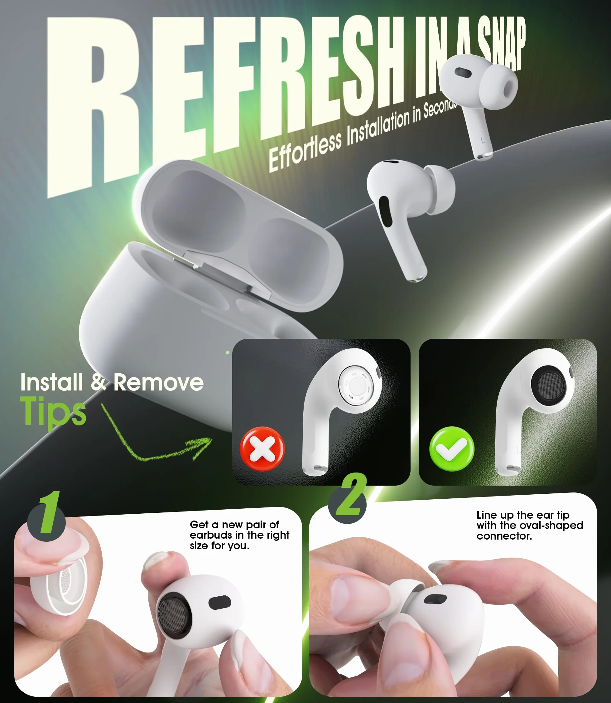 Silikonowe nakładki do Airpods Pro/Airpods Pro 2, 4 pary, antypoślizgowe, redukujące hałas (XS/S/M/L)