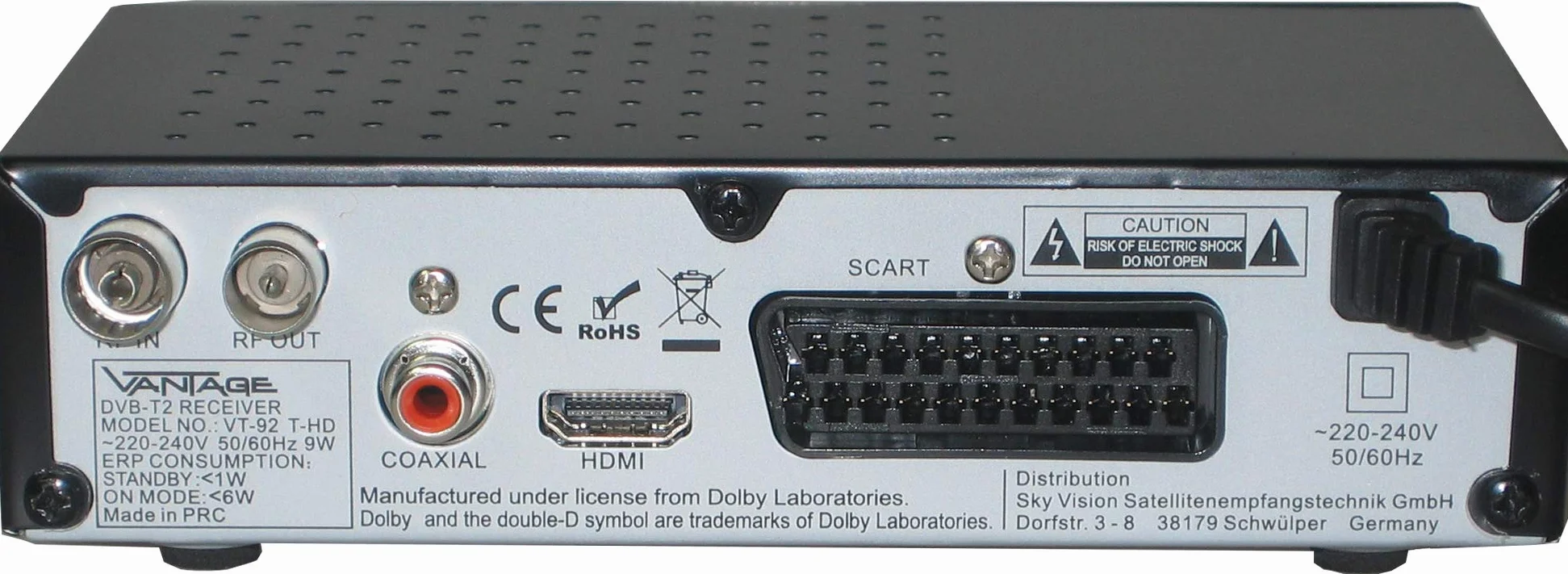 Vantage VT-92 T-HD Odbiornik DVB T2 HEVC HDMI USB SCART Czarny