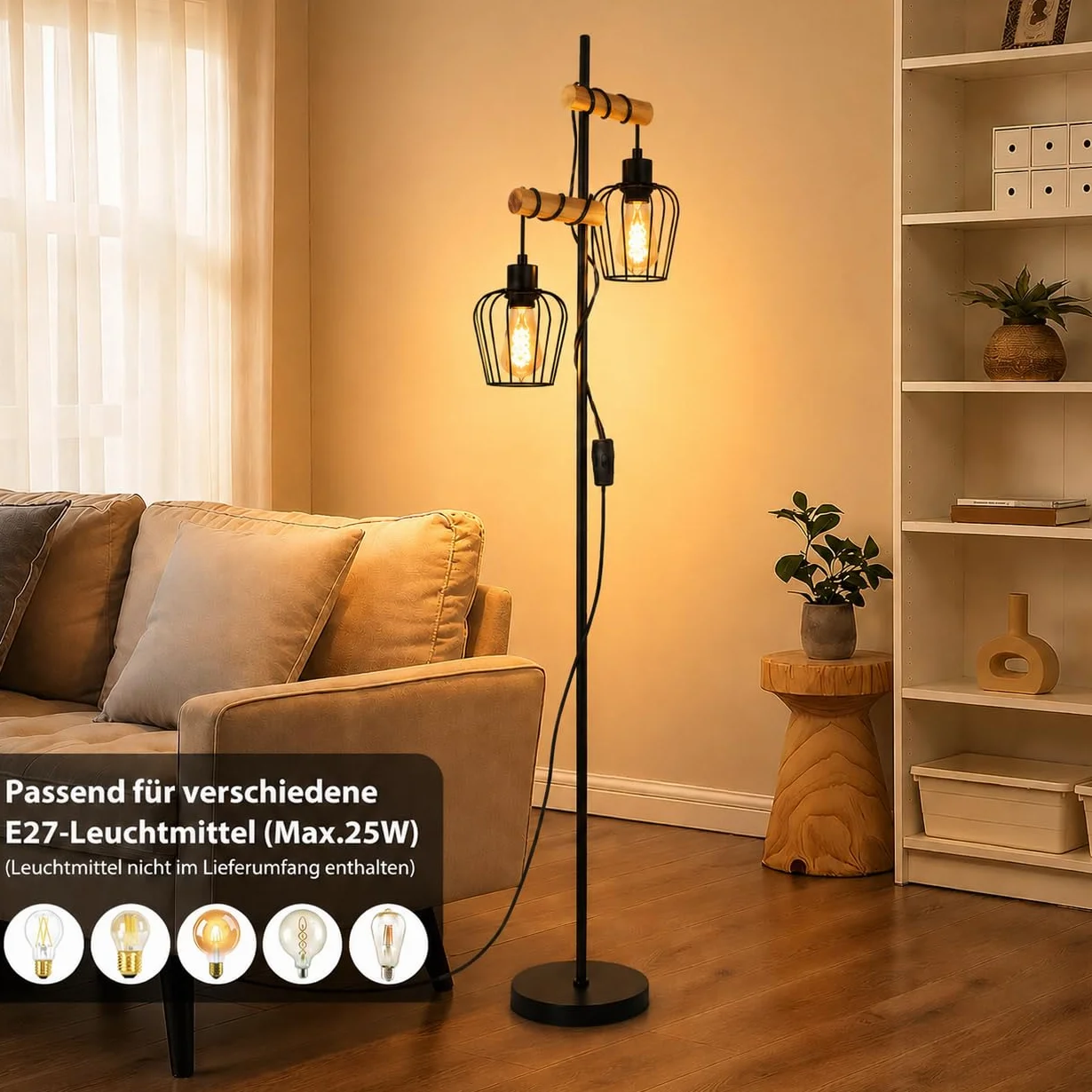 ZMH Lampa podłogowa do salonu z drewna, czarna stojąca lampa - Vintage lampa do salonu stojąca w stylu industrialnym, metalowa lampa stojąca, 2-płomienna, gwint E27, 151cm lampa stojąca do sypialni