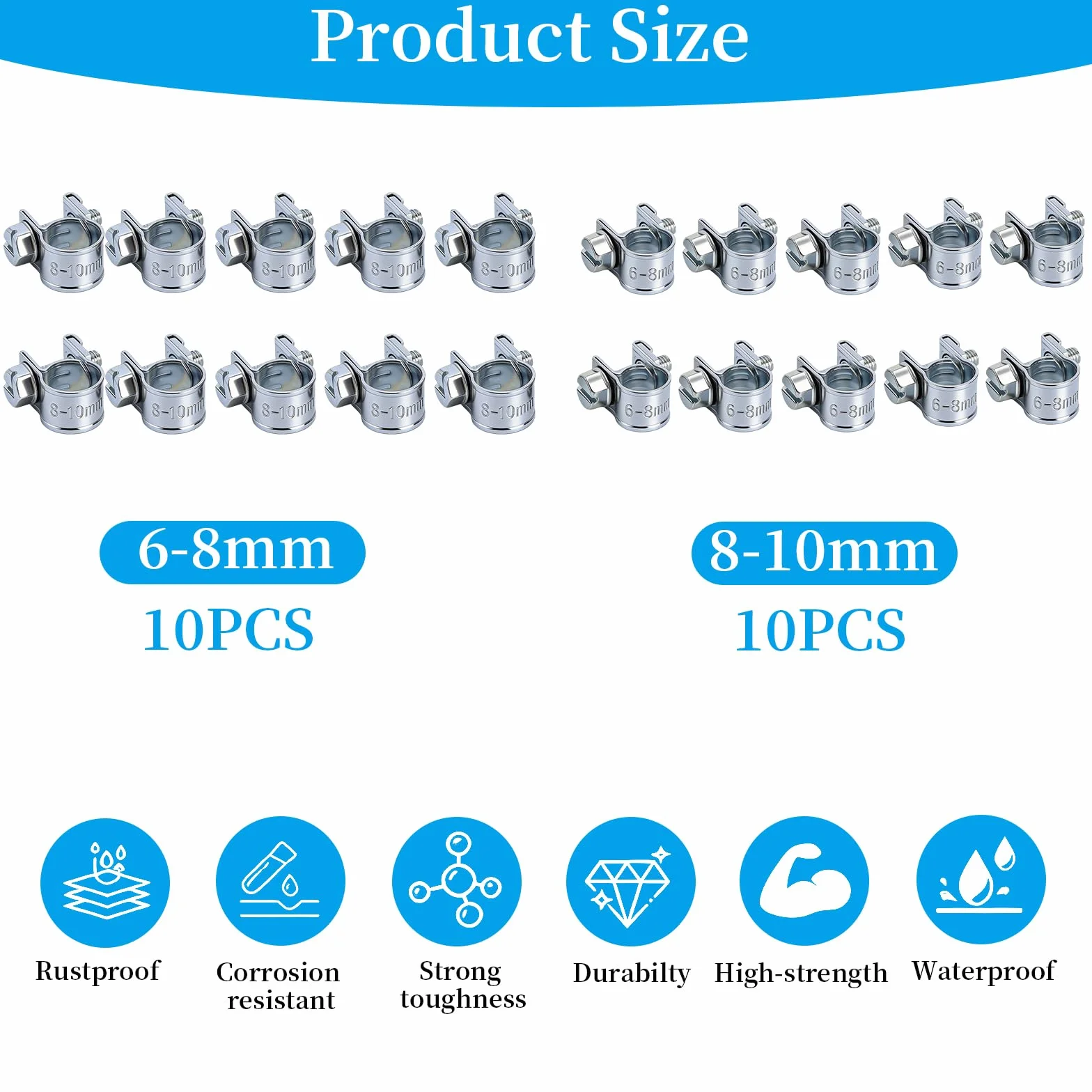 20 sztuk mini obejmy do węża, 6-8 mm, 8-10 mm, małe zaciski do węża, regulowane, wtrysk paliwa, obejmy do trzpienia rurowego, obejmy szczęk zaciskowych do rur paliwowych, rury wydechowej, rury