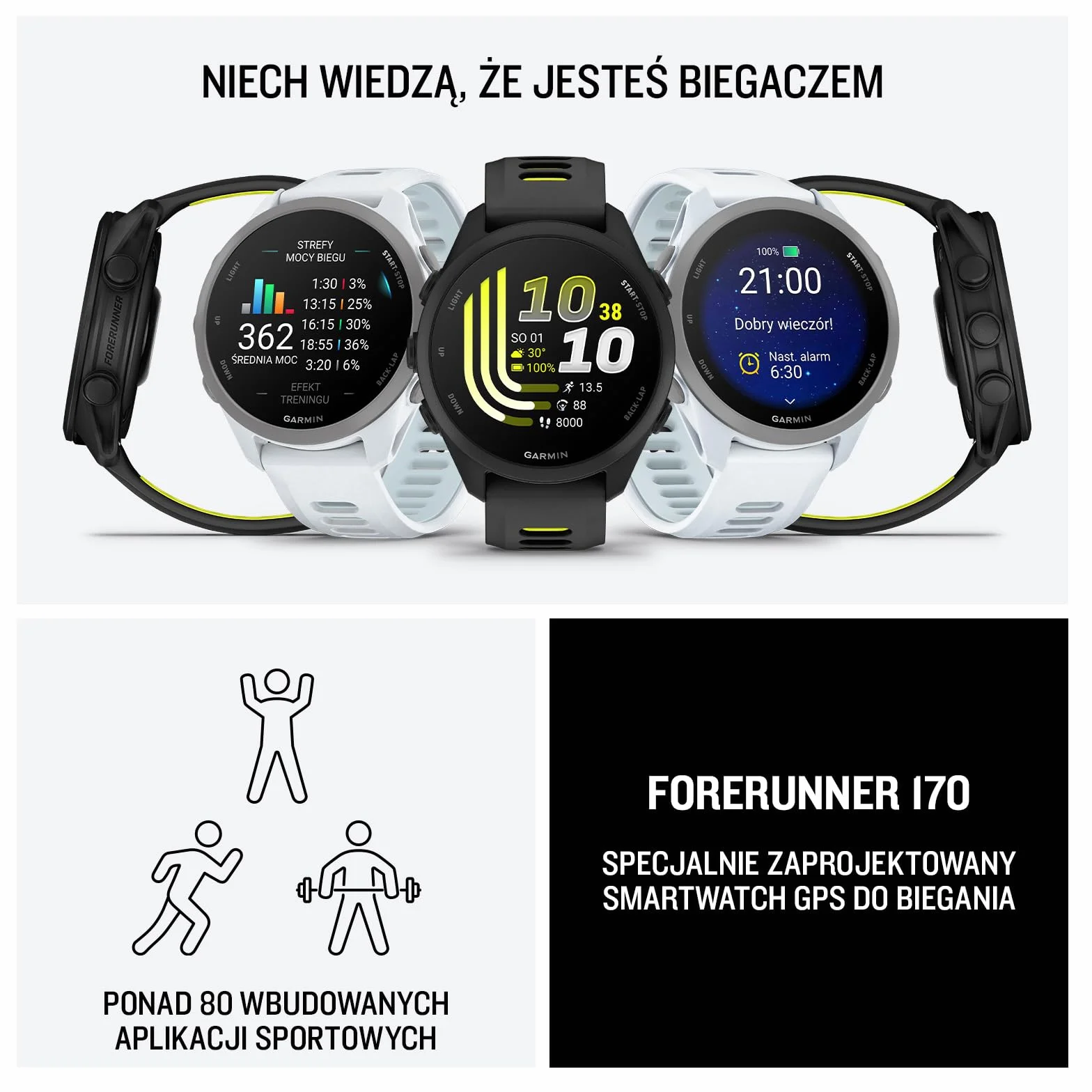 Garmin Forerunner 170 Smartwatch Do Biegania GPS, 43mm, AMOLED, Do 10 Dni Pracy Baterii, Black/Amp Yellow