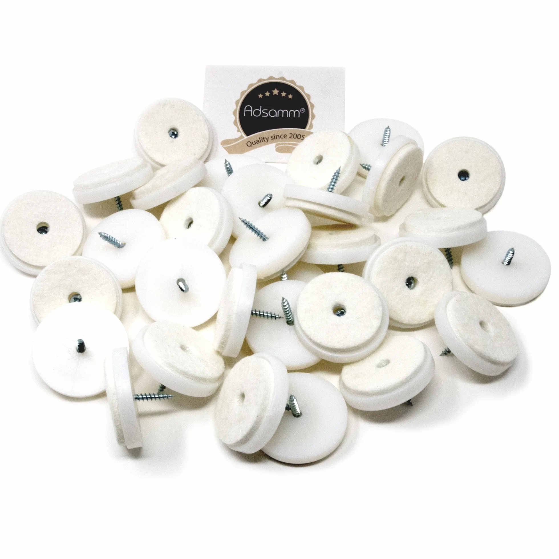 Adsamm 32 x podkładki filcowe ze śrubą, Ø 40 mm, białe, okrągłe, podkładki do mebli do wkręcania w jakość premium