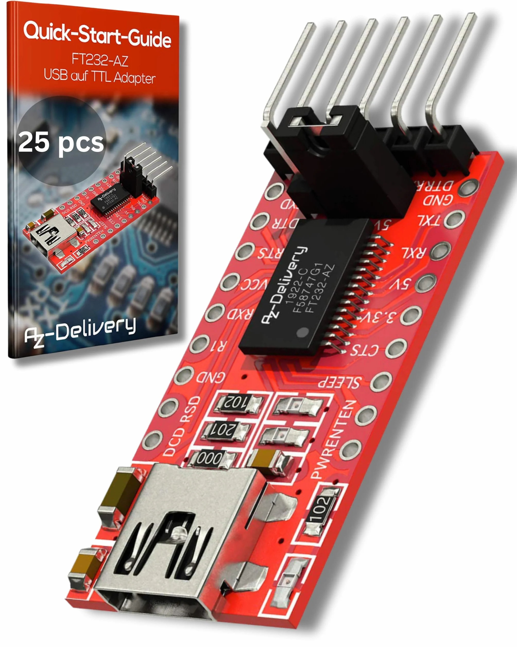 AZDelivery Adapter szeregowy Compatible with FT232RL USB na TTL dla 3,3 V i 5 V kompatybilny z Arduino wraz z e-book!