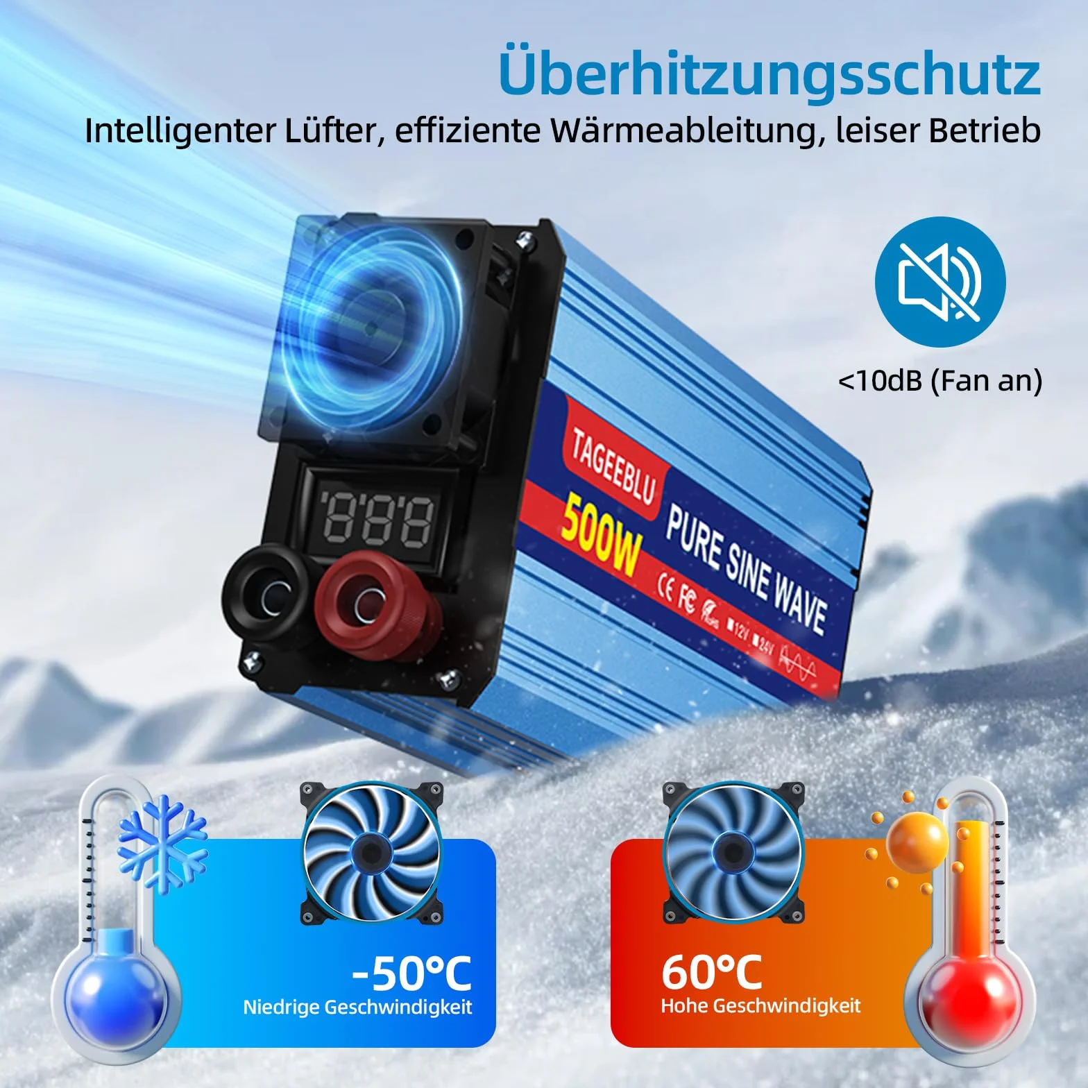 Falownik 500 W, 12 V na 230 V, czysty sinus, przetwornica napięcia 12 V 230 V, falownik do pojazdów z klipsem aligatorowym, gniazdkiem AC i ekranem LCD