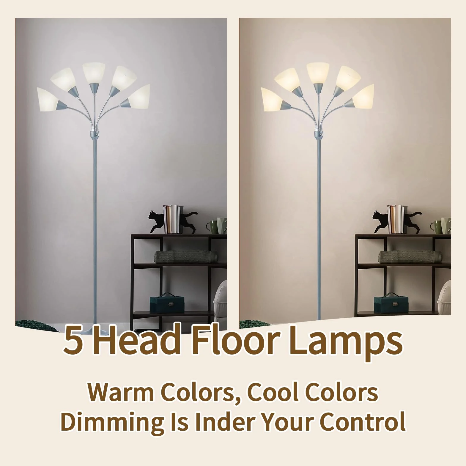HonoDing Meduza Lampy Podłogowe Lampy Podłogowe 5 Głowic Regulowana Lampka do czytania Duży Klosz Wykorzystuje Lampy Podłogowe E26 Żarówka A19 Do Salonu Sypialni (Srebrny)
