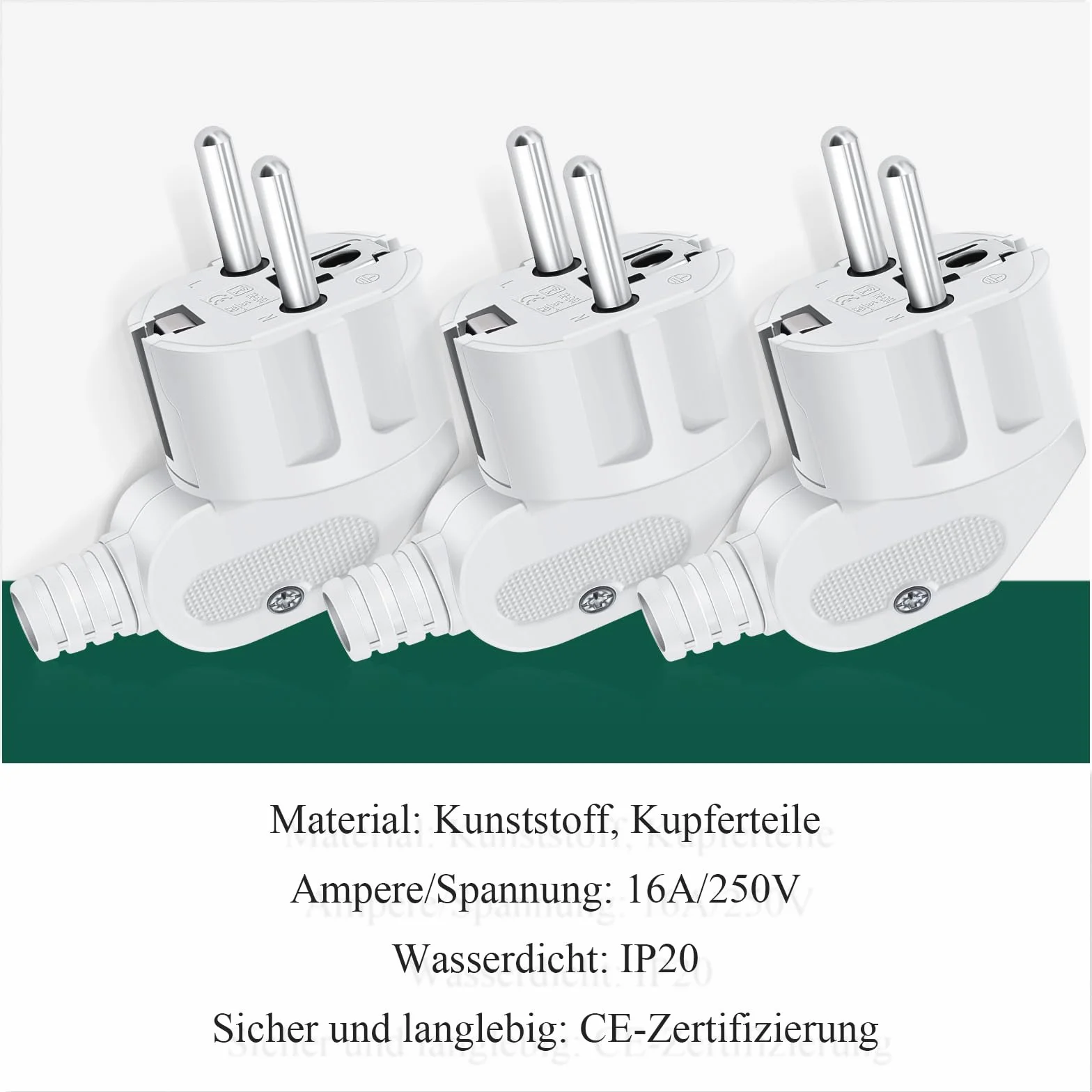 Wtyczka Schuko 250 V z odciążeniem ciągu, wtyczka z zestykiem ochronnym, ochrona przed zagięciem, ochrona przed wodą rozbryzgową i trwała, IP20, odporna na pękanie, biała – 3 sztuki białe