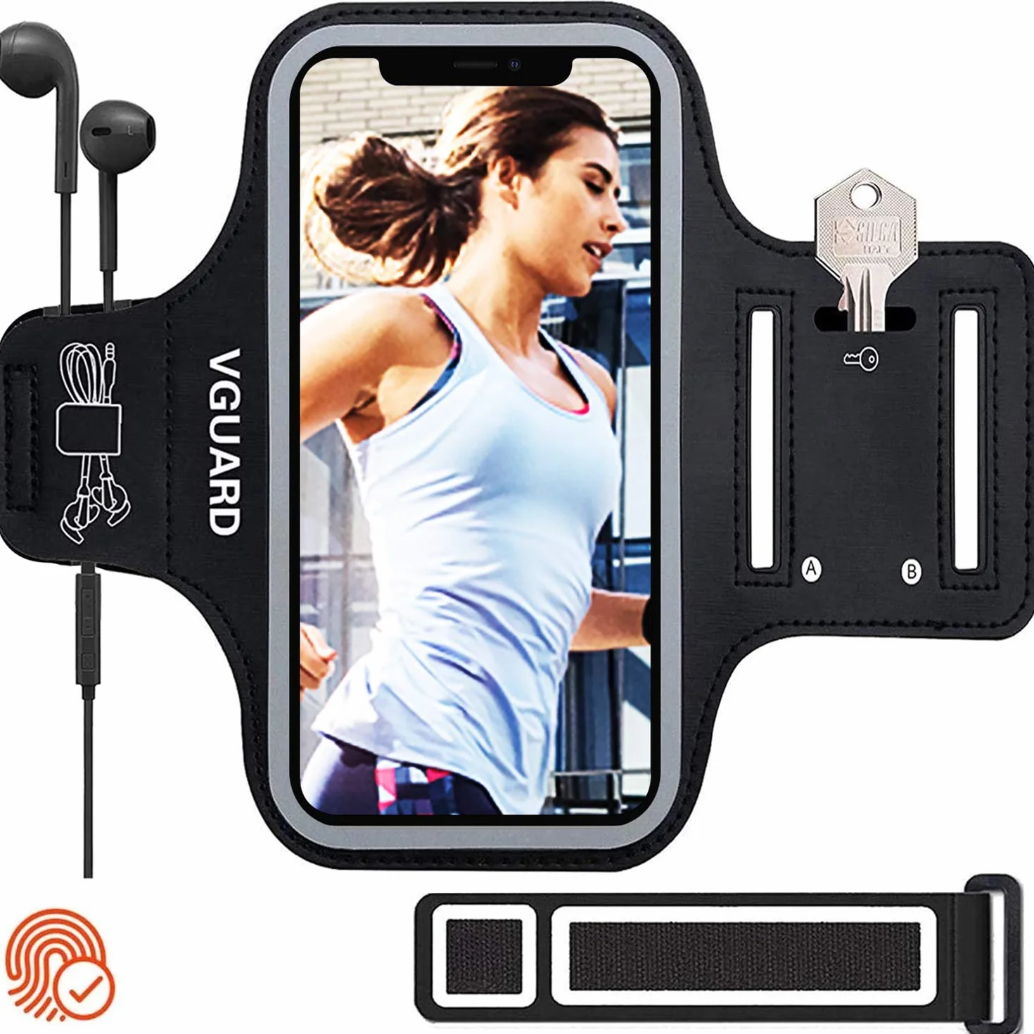 VGUARD Sportowa bransoletka na telefon komórkowy, odporna na pot, jogging, etui na telefon komórkowy do biegania, z uchwytem na klucze, otworem na słuchawki i paskiem przedłużającym do telefonów