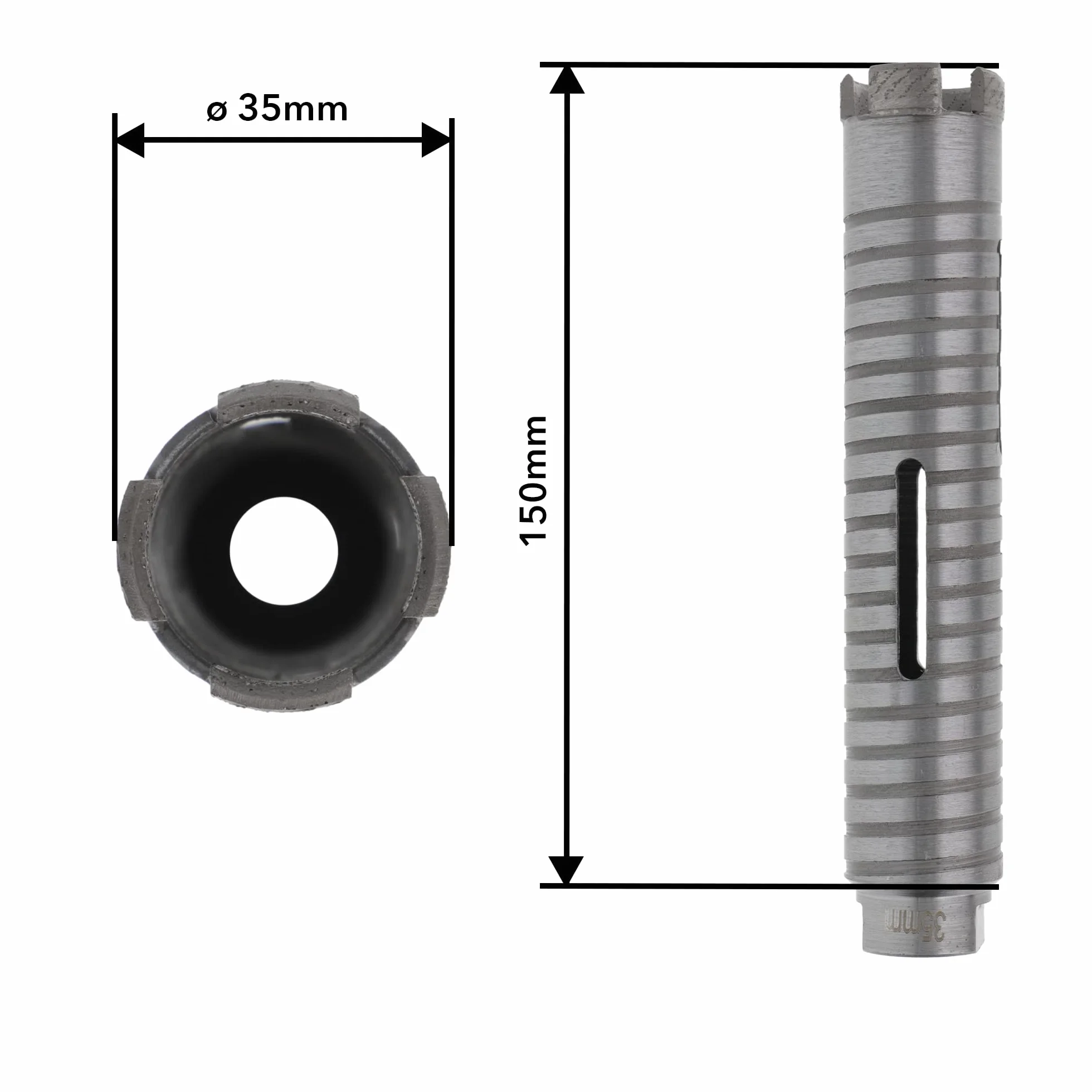 PRODIAMANT Diamentowa wiertnica rdzeniowa ø 35 mm długość efektywna 150 mm z adapterem sześciokątnym do wiertarek, segmenty spawane laserowo do wiercenia na sucho