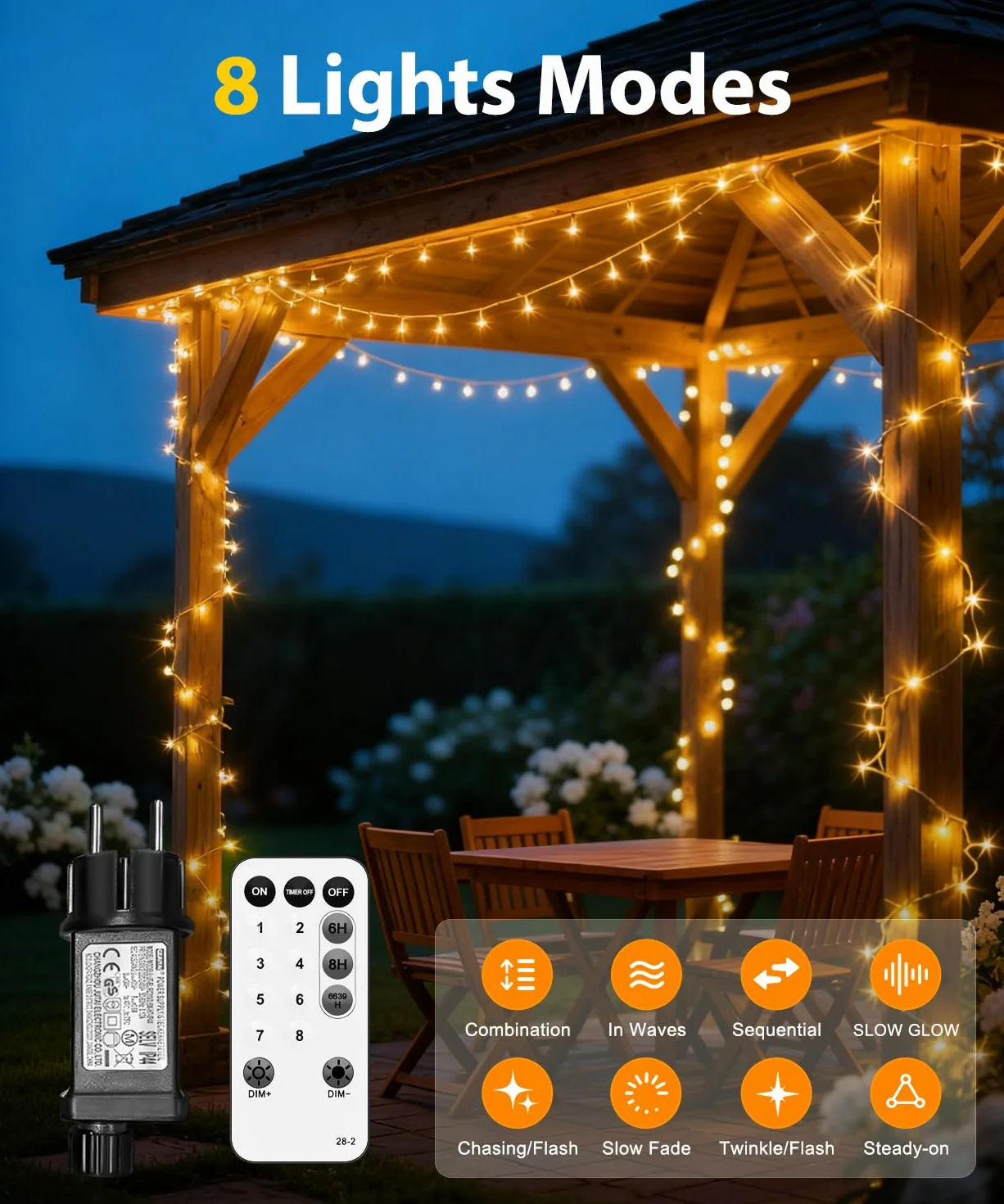 Macchiatto Zewnętrzne i wewnętrzne lampki świetlne 10M 100LED z miniaturą, 8 trybów oświetlenia, Funkcja pamięci, Szczelność IP44, do dekoracji domu, Nowego, Ogrodu, Małżeństw i Uroczystości