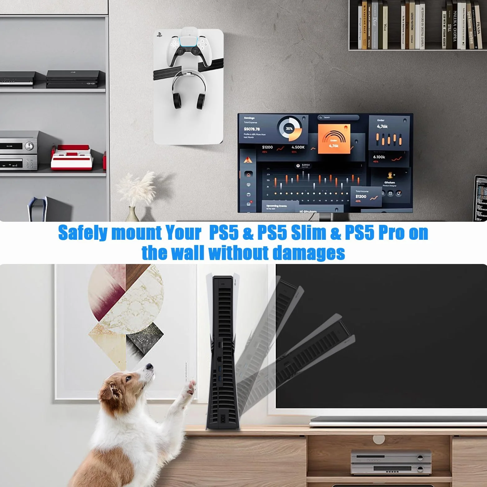 PS5 Montaż ścienny, uchwyt ścienny do PS5 Slim i Pro Steel Playstation 5 uchwyt ścienny z uchwytem kontrolnym i wieszakiem na słuchawki, śruby, gąbka (biały)