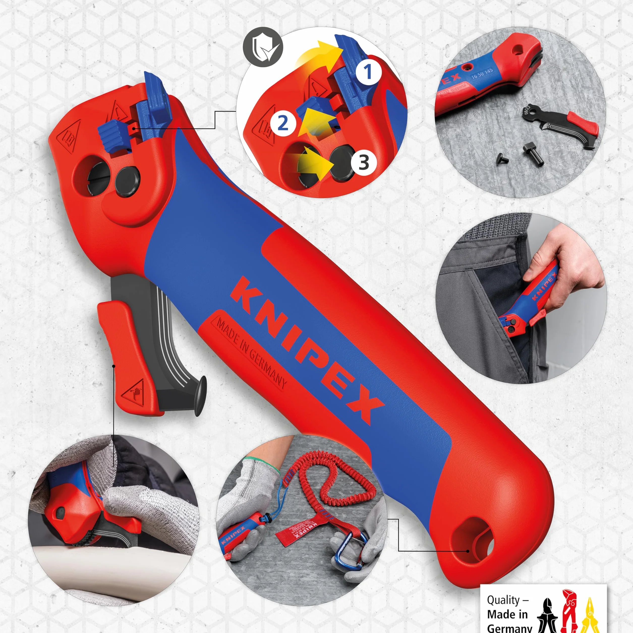 KNIPEX Nóż do ściągania izolacji ze stopką prowadzącą z osłonkami wielokomponentowymi 146 mm, 16 50 145 SB