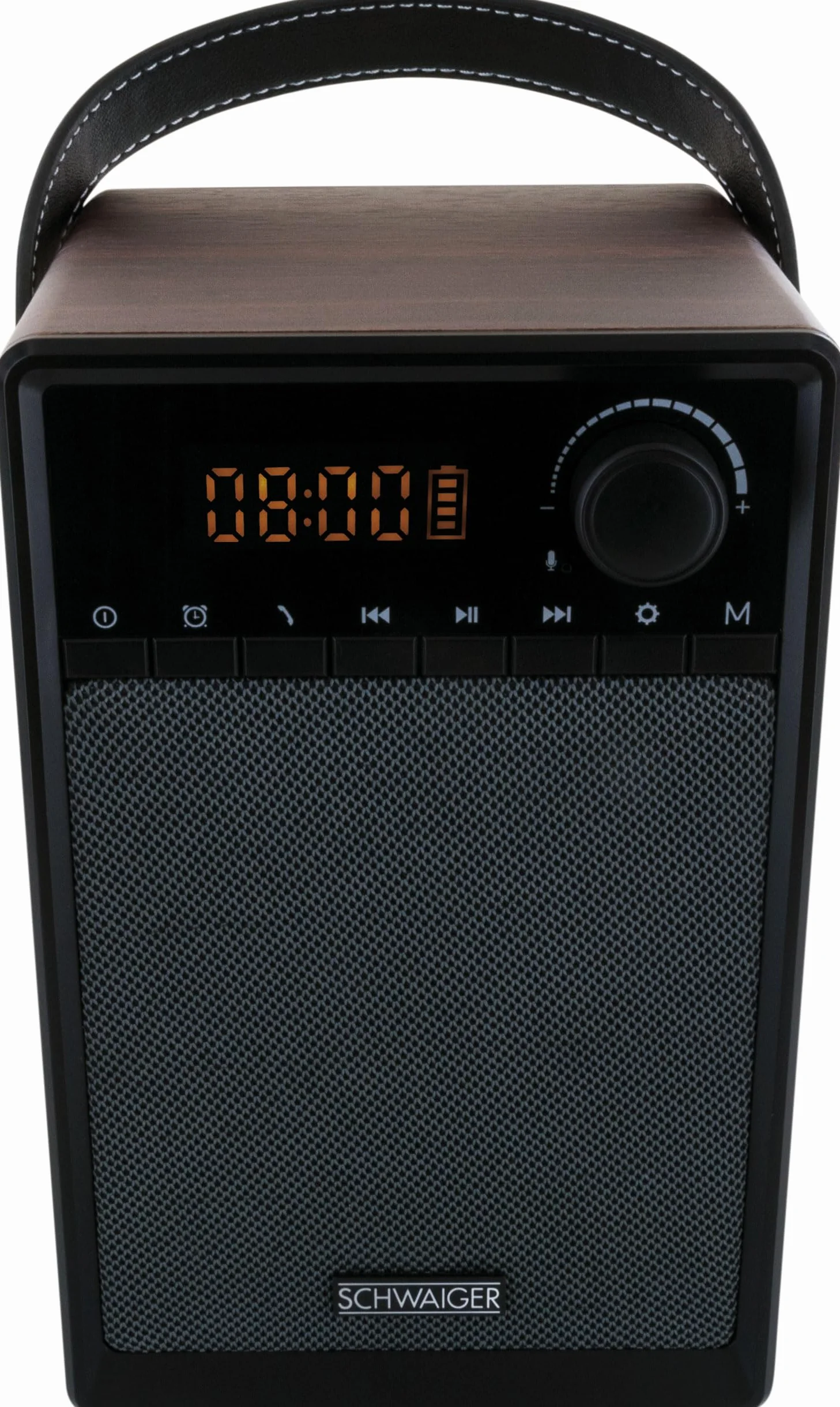 SCHWAIGER 715736 Przenośny radiobudzik analogowy FM Bluetooth Głośnik muzyczny Radio AUX Micro-SD Drewniany wyświetlacz LED