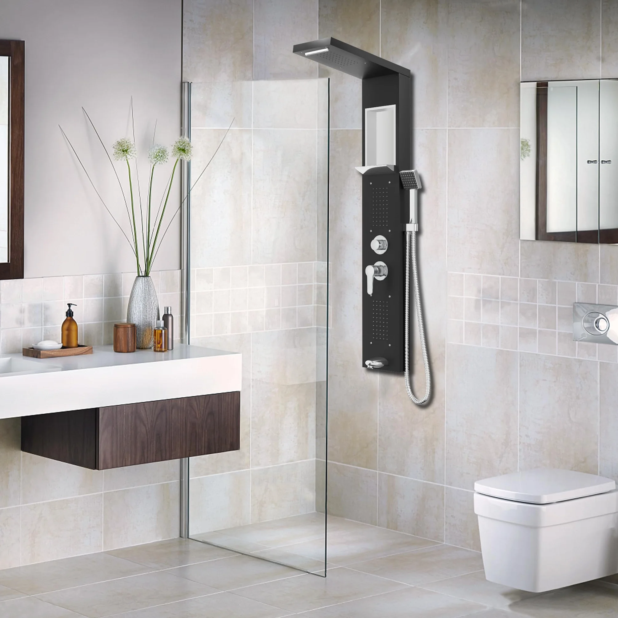 YUENFONG Panel prysznicowy 5 w 1 System prysznicowy ze stali nierdzewnej, wielofunkcyjny prysznic, w zestawie deszczownica, wodospad, masaż pleców, słuchawka prysznicowa, łatwy montaż na ścianie