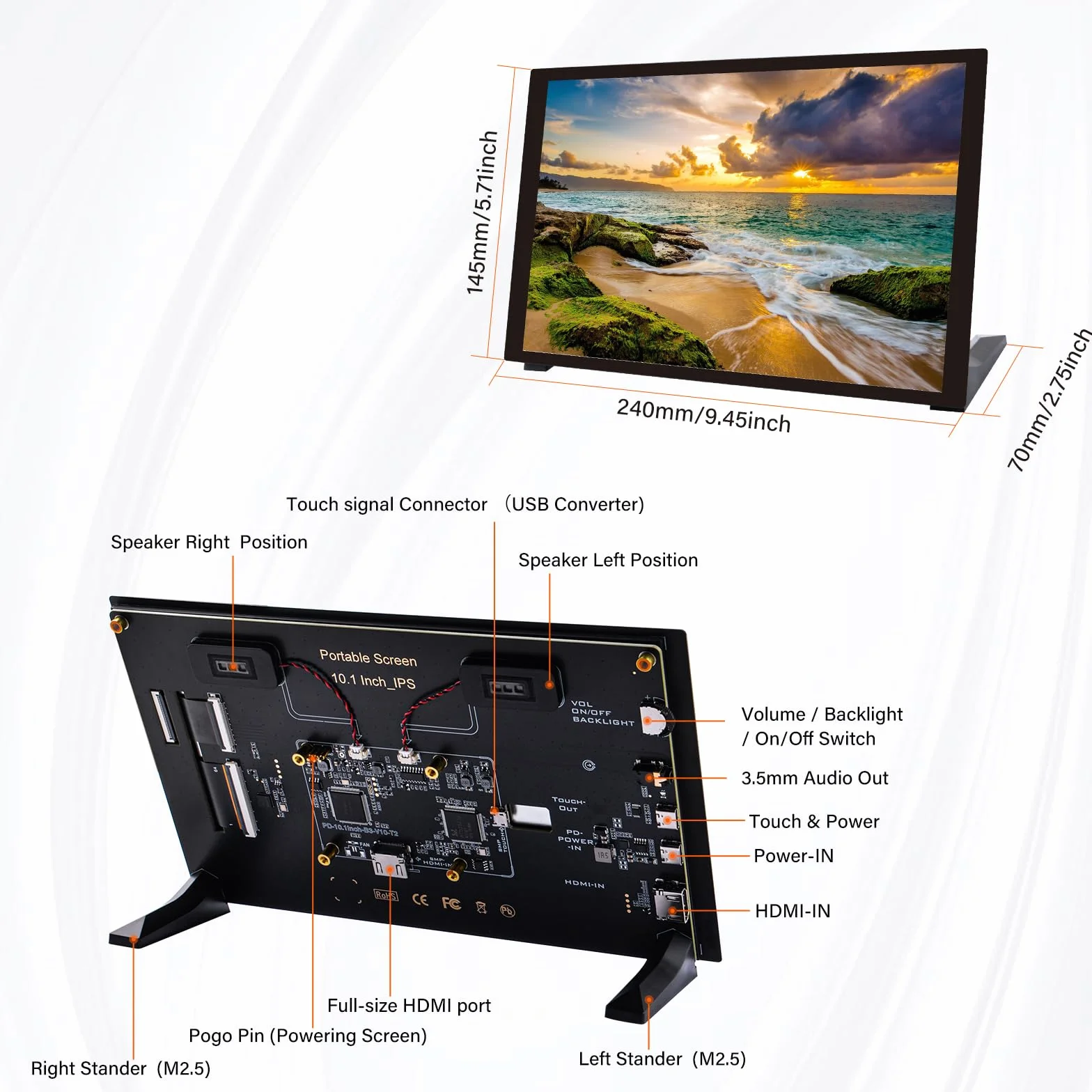 GeeekPi 10,1-calowy pojemnościowy ekran dotykowy do Raspberry Pi 5, monitor HDMI IPS 1280X800 z podwójnym głośnikiem do Raspberry Pi 4B/3B+/3B, z montażem do instalacji płytki Pi