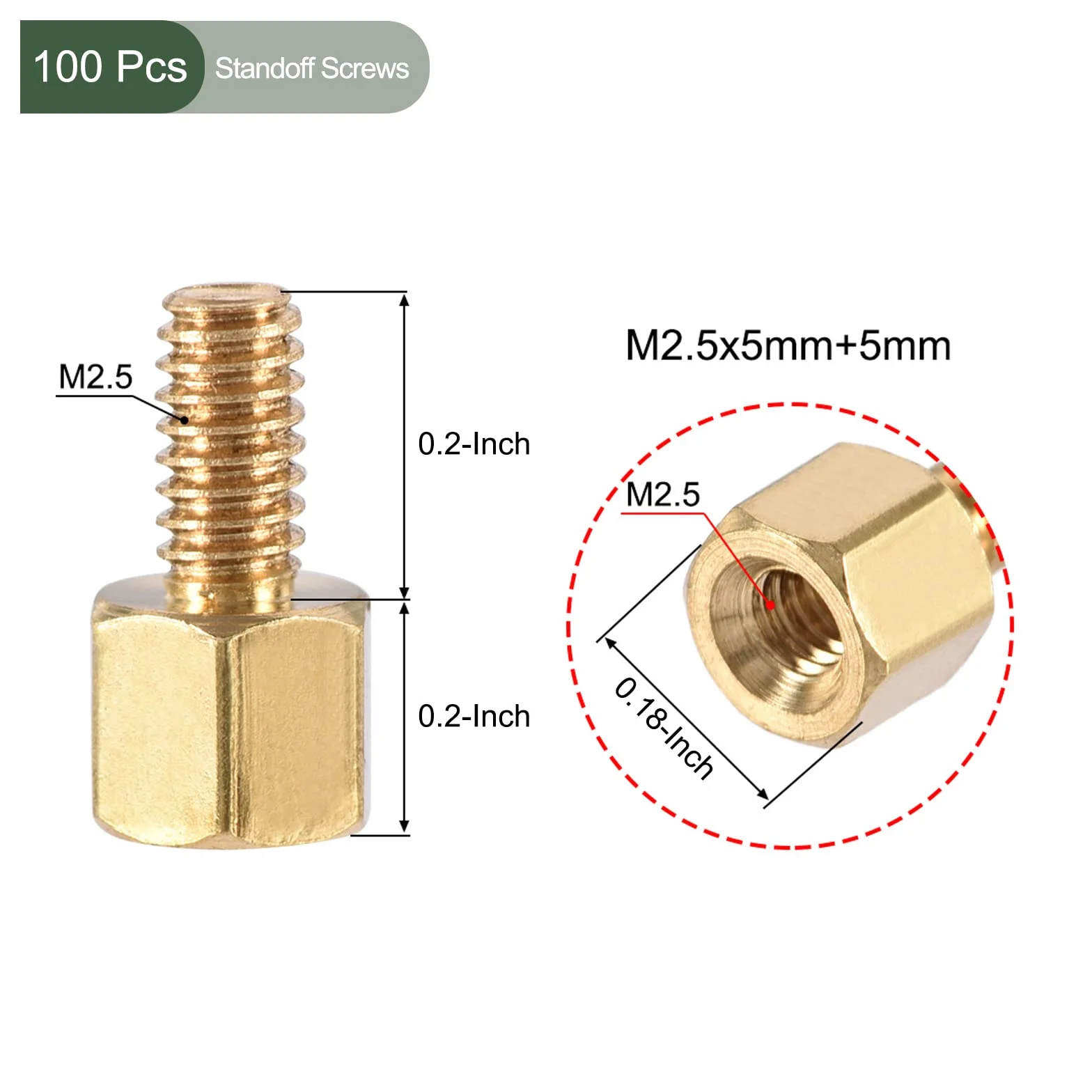 YOKIVE 100 szt. śrub dystansowych M2.5, mosiężne sześciokątne uchwyty do PCB, utrzymują stałą wysokość, idealne do płyty głównej (złoty odcień, 5 mm + 5 mm)