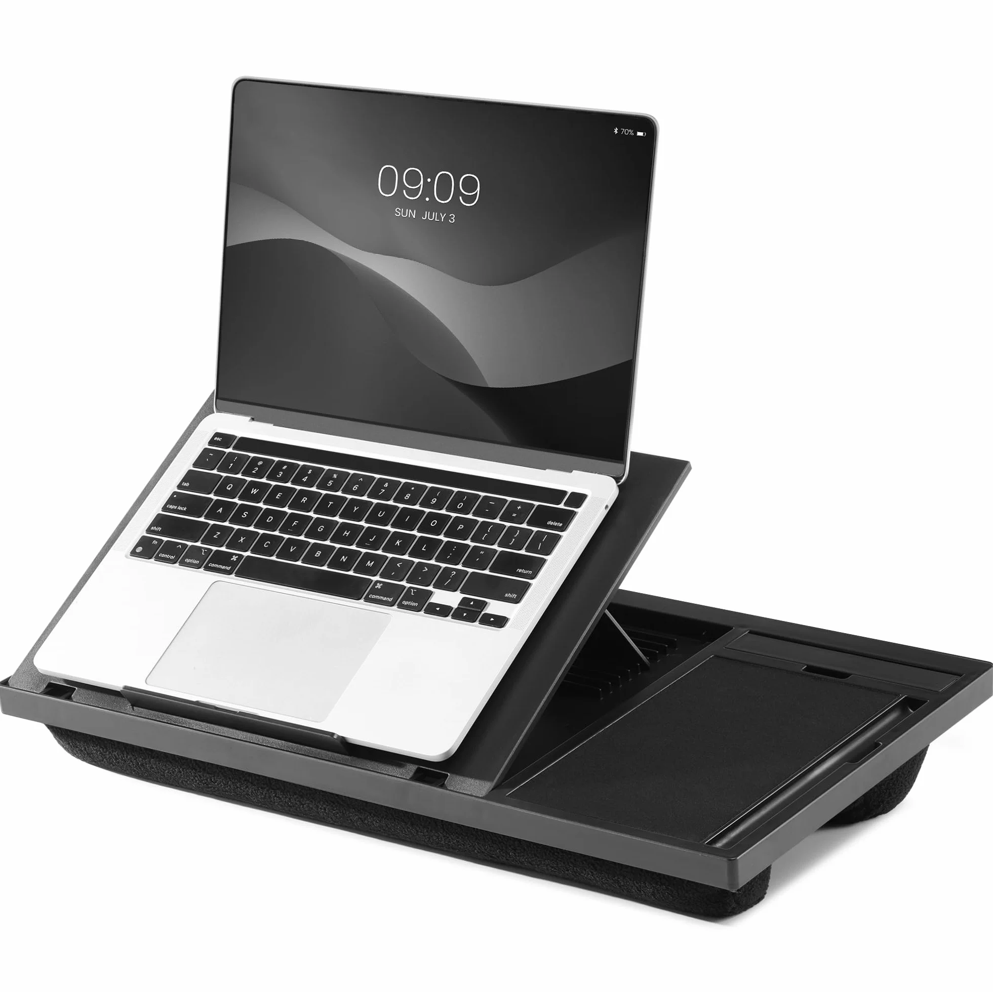 Navaris Regulowane biurko na laptopa – ergonomiczny stół z 8 poziomami, taca na laptopa do łóżka lub sofy, zawiera podkładkę pod mysz, stojak na telefon, przegródkę na długopis, idealne biurko na