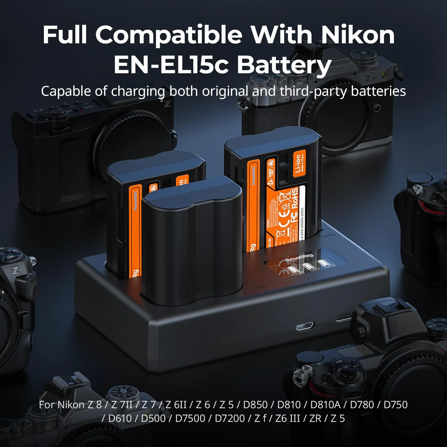 SMALLRIG Zestaw akumulatorów EN-EL15c 1940 mAh 3 baterie ładowarka LCD do Nikon ZR/Z6III/Zf/Z8/Z7II/Z7/Z6II/Z6/D850/D810/D780/D750/D500/D7500