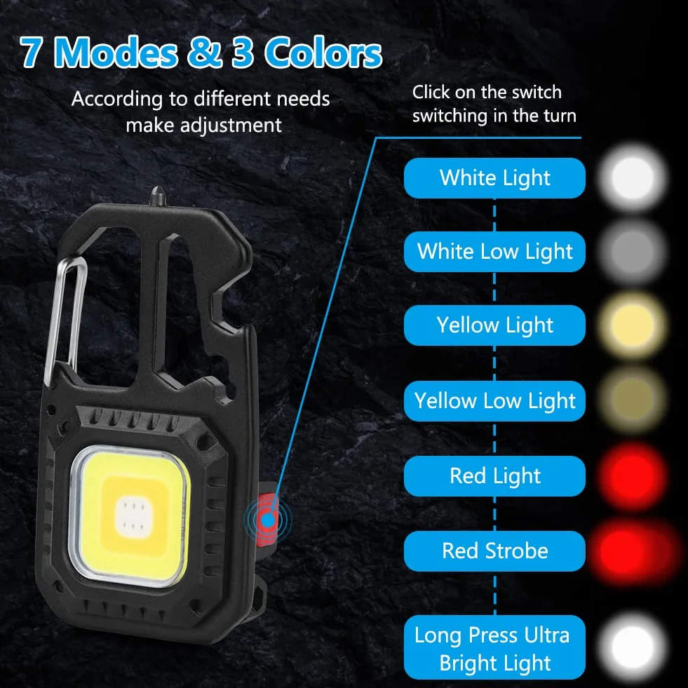 URAQT Mini Latarka LED, 7 trybów Mini latarka do kluczy, Wielofunkcyjne światło magnetyczne, wodoodporne, z otwieraczem do butelek, młotkiem do tłuczenia szkła, śrubokrętem