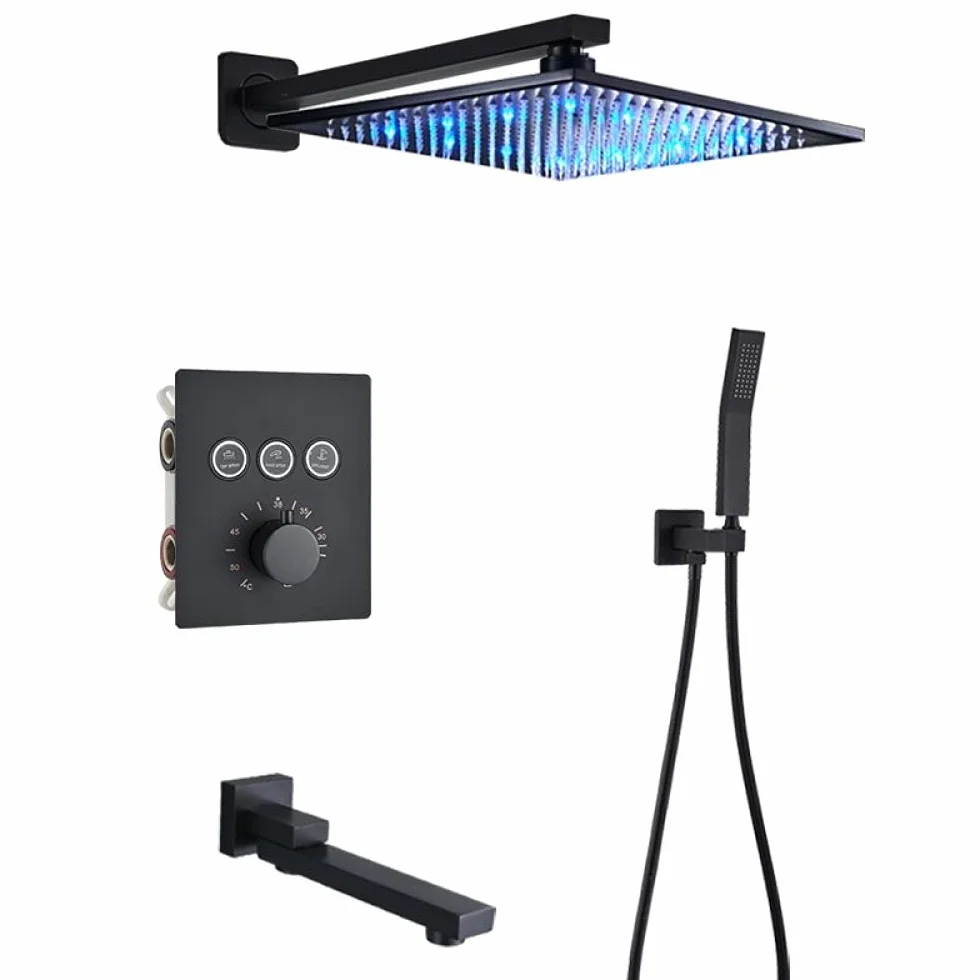 Luksusowa czarna bateria prysznicowa termostatyczna do łazienki deszczownica bateria ścienna do wanny zestaw prysznicowy ścienny B 3W 12" sufitowy,B3-way-16-calowy ścienny