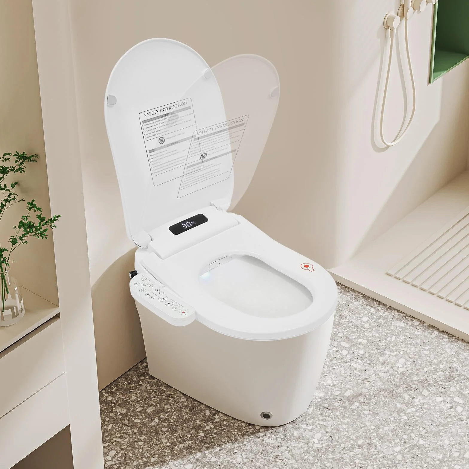 Podgrzewana deska sedesowa, bidet z dyszą, japońska toaleta, prysznic z automatyczną pokrywą, funkcja sterylizacji drążka natryskowego, bocznym elementem obsługowym, suszarka i lampka nocna