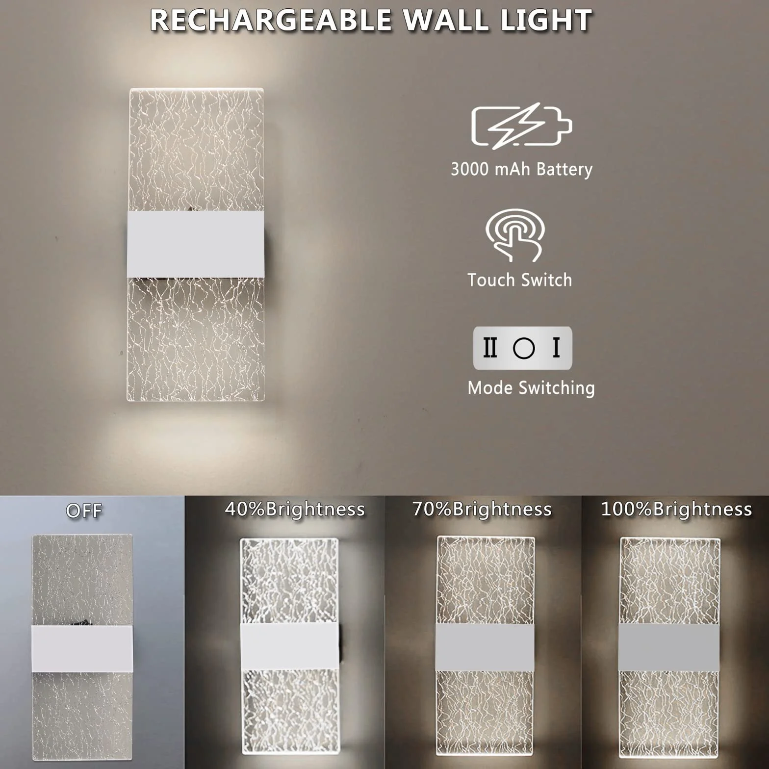 VOMI Bezprzewodowa lampa ścienna LED na baterie, lampa ścienna do sypialni z akumulatorem USB, lampka nocna z przełącznikiem, zestaw 2 lamp magnetycznych 6000K, oświetlenie ścienne 3 regulowana