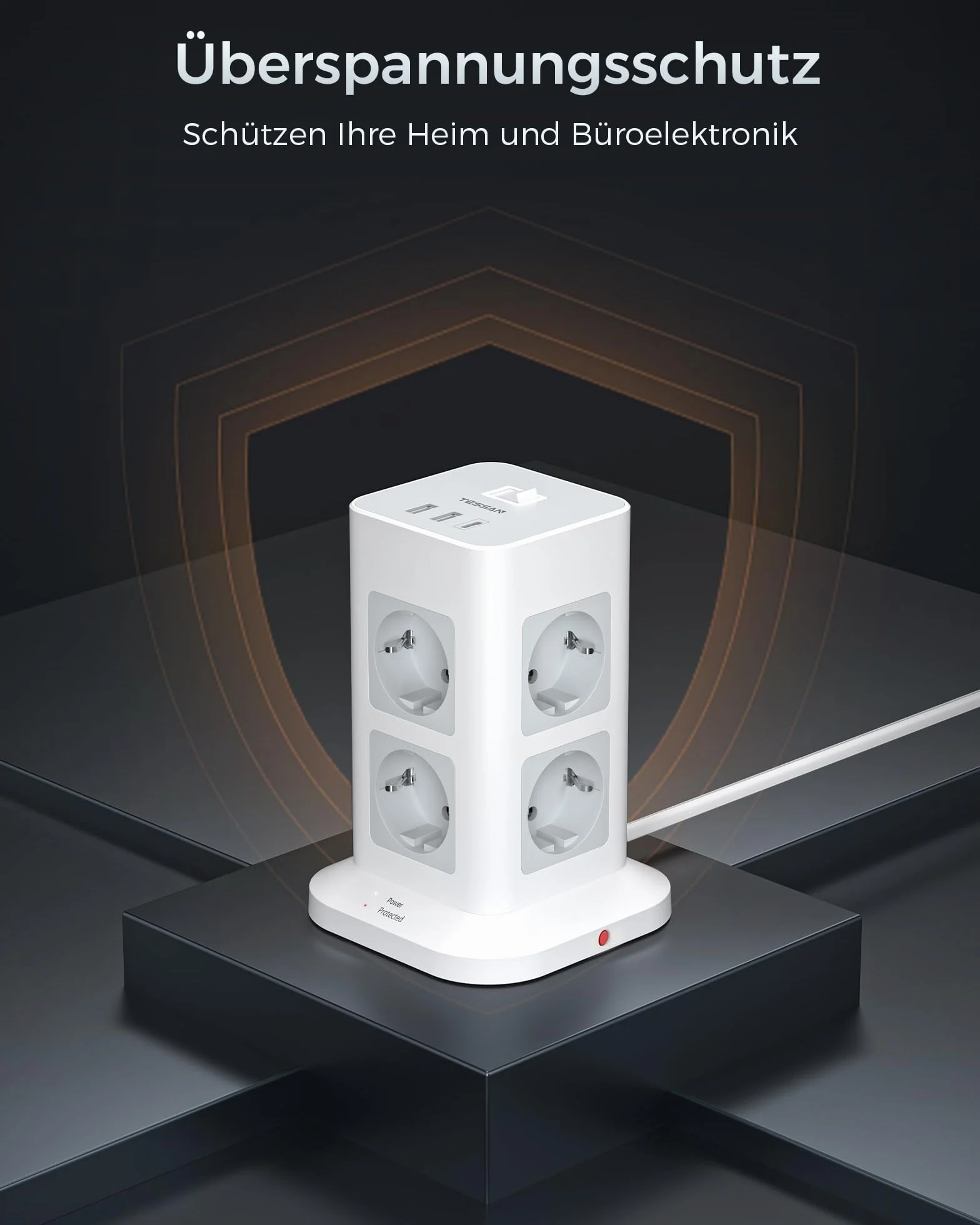 TESSAN Wieżowa listwa zasilająca z 8 gniazdami, przeciwprzepięciowe, 2 portami USB A i 1 USB C gniazdo wtykowe, listwa sieciowa z wyłącznikiem i przedłużaczm 3 metry, 3600W, szaro biały