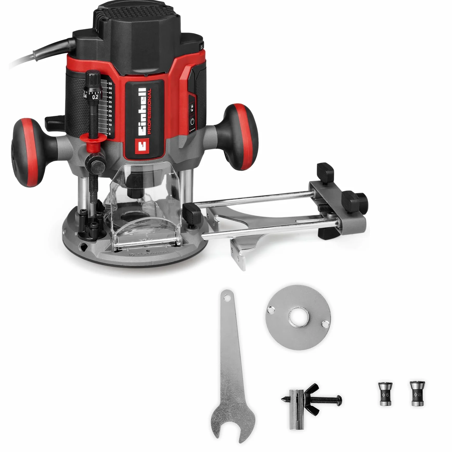 Einhell Profesjonalna frezarka TP-RO 1400 E (1400 W, wysokość soll 55 mm, szczypce zaciskowe Ø 6 i 8 mm, oświetlenie LED, w zestawie prowadnica równoległa, końcówka kompasu, tuleja kopiująca i
