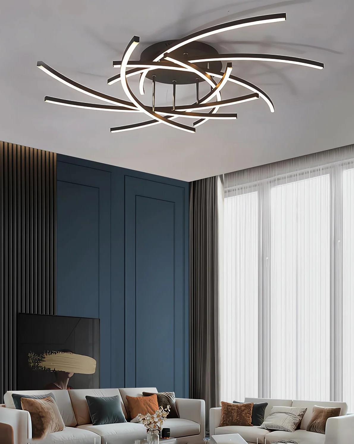 Lampa sufitowa LED Ściemnialna lampa do salonu Sufit z pilotem Nowoczesna lampa sufitowa do sypialni Projektowanie wnętrz Oświetlenie sufitowe Salon Jadalnia kuchenne (Czarny, 8-płomień,100cm,120W)