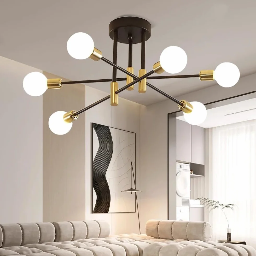 Comely Industrialna lampa sufitowa, 6-światłowy żyrandol Vintage Sputnik, nowoczesna metalowa lampa wisząca z podstawą E27 do salonu, sypialni, kuchni, jadalni, baru, kawiarni, średnica 72 cm