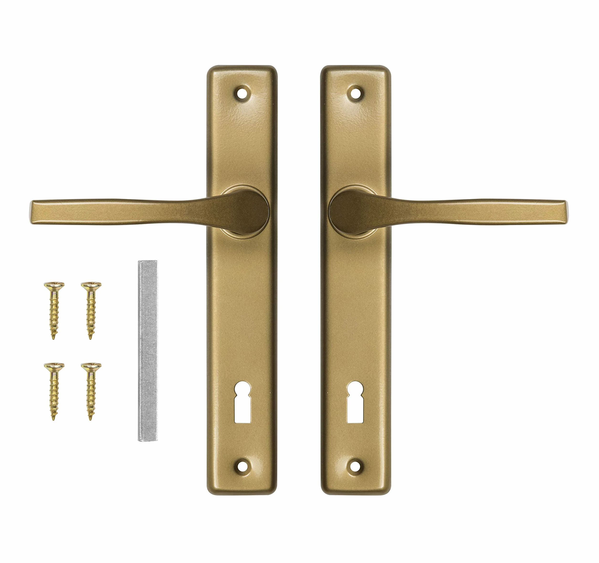 ADGO Klamka Drzwiowa Zestaw Klamek Prawa i Lewa do Drzwi na Klucz 90 mm Prostokątna, Klamka Aluminiowa do Wąskiego Zamka, Szyld Stalowy Malowana Proszkowo Ocynkowana, Złota, 1 sztuka
