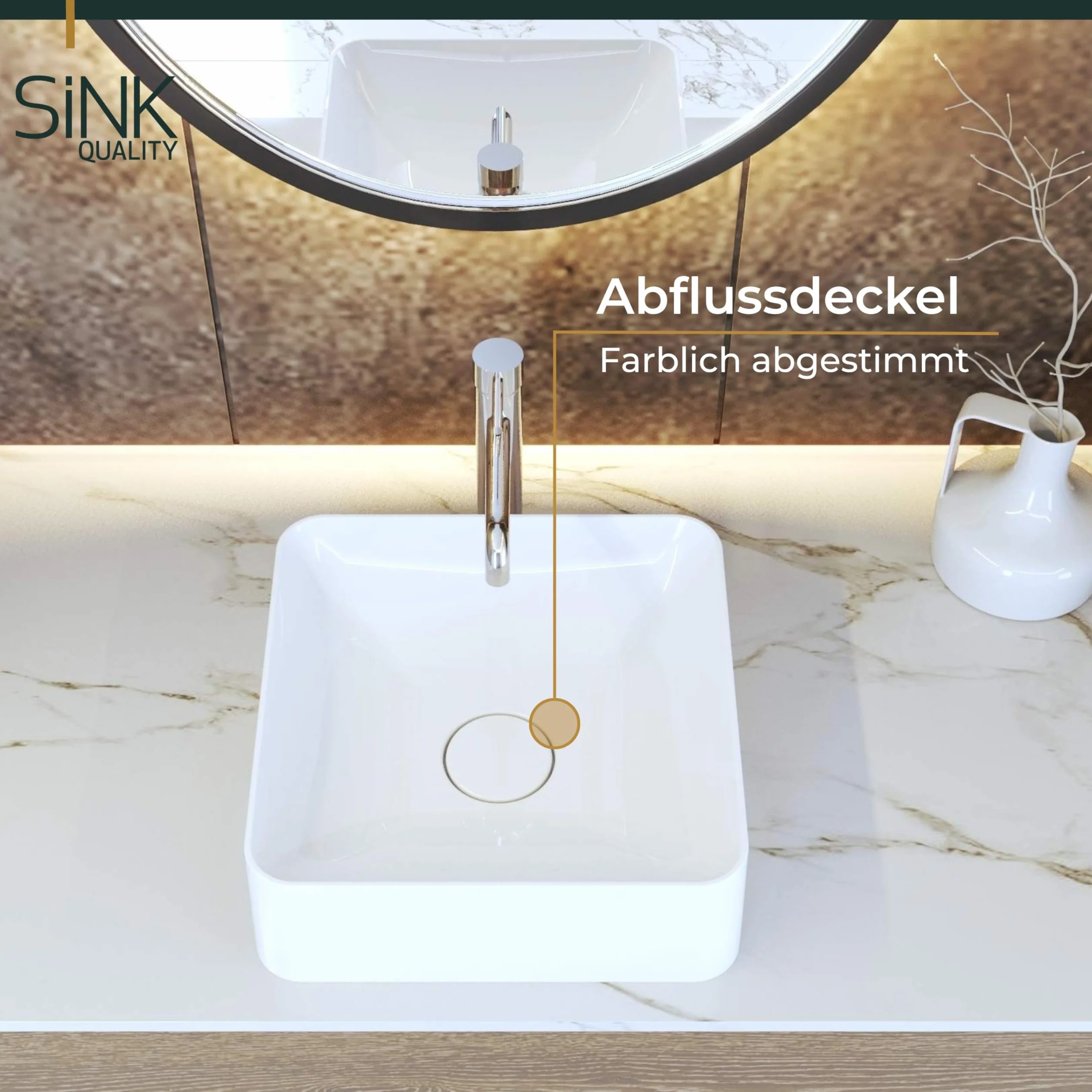 SINK Quality Umywalka nablatowa, biała, z połyskiem, 39 x 39 cm – umywalka kwadratowa bez otworu na kran z kompozytu mineralnego S-MARBLE, umywalka do łazienki i WC dla gości z pokrywą odpływu i