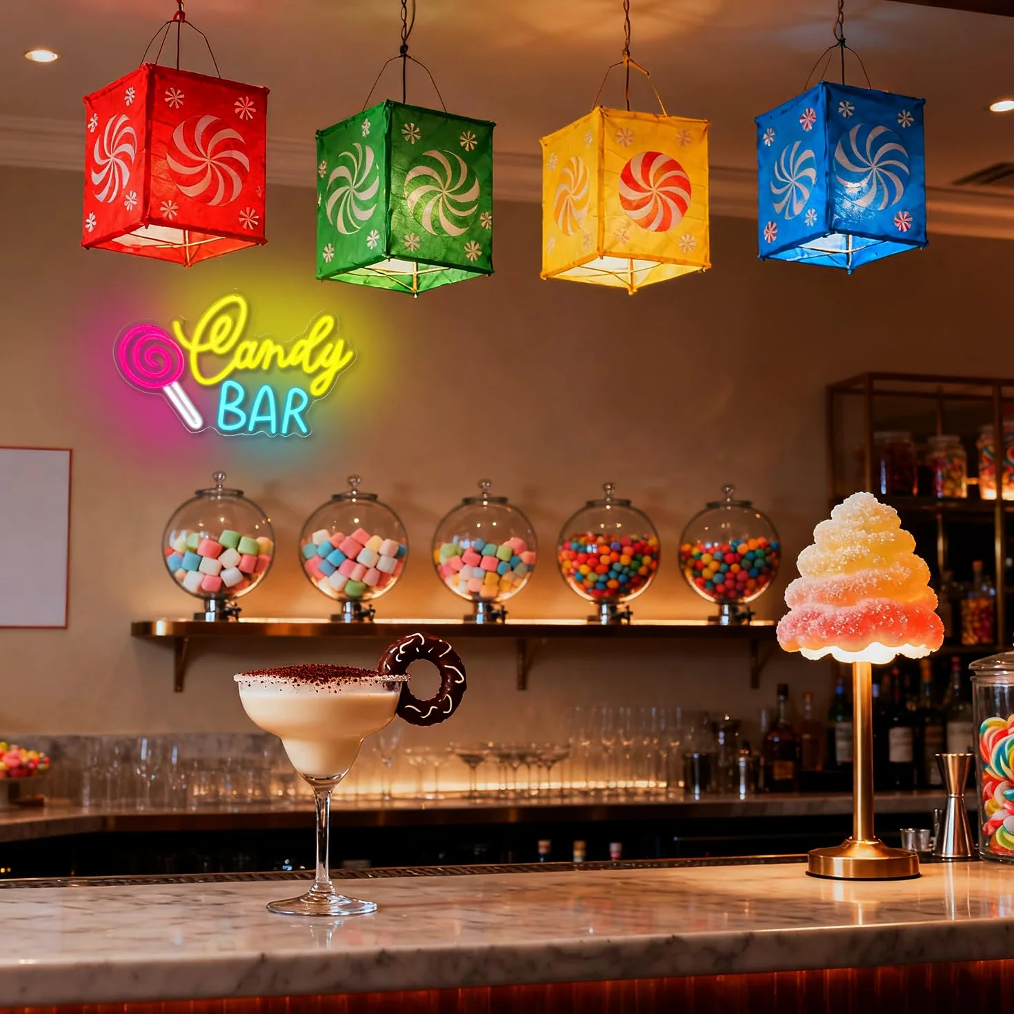 Candy Bar Neon Szyld Lollipop Neon Szyld, Ściemnialny Słodki Led Szyld dla Sklepu ze Słodyczami, Candy Świecący Szyld Ścienny Dekoracja Stołu na Urodziny Wesele Imprezę Sklep z Deserami
