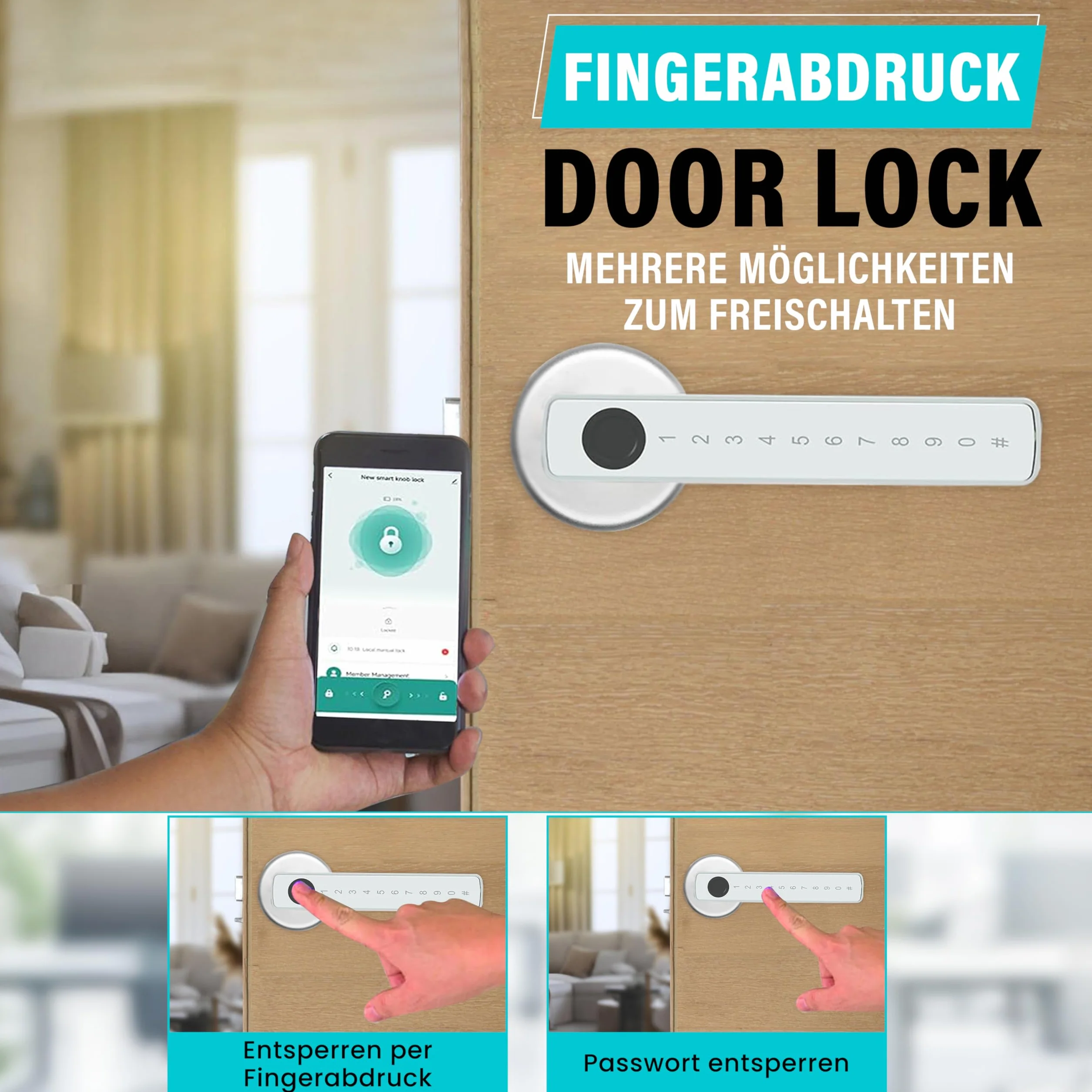 Zamek do drzwi z odciskiem palca, Smart Lock, elektroniczny zamek do drzwi wewnętrznych o grubości 35-55 mm, inteligentny zamek do drzwi, sterowany za pomocą aplikacji, z rozetą i 2 kartami