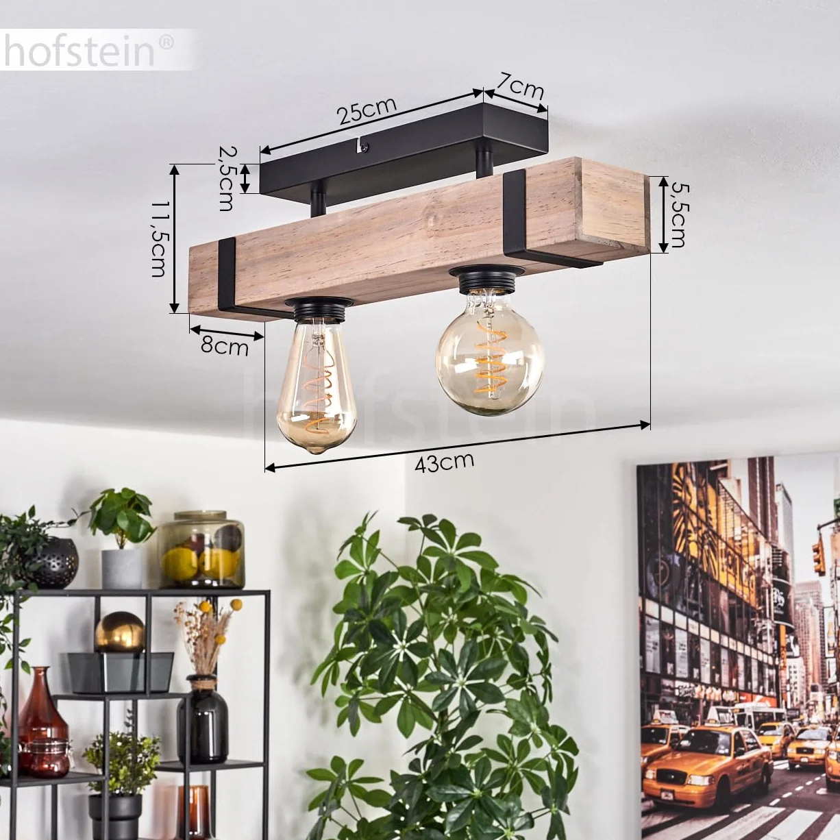 Lampa sufitowa Montgomery, nowoczesna lampa sufitowa z metalu/drewna w kolorze czarnym/naturalnym, industrialny design z drewnianymi belkami, 2-żarówkowa, 2 x E27, bez żarówki