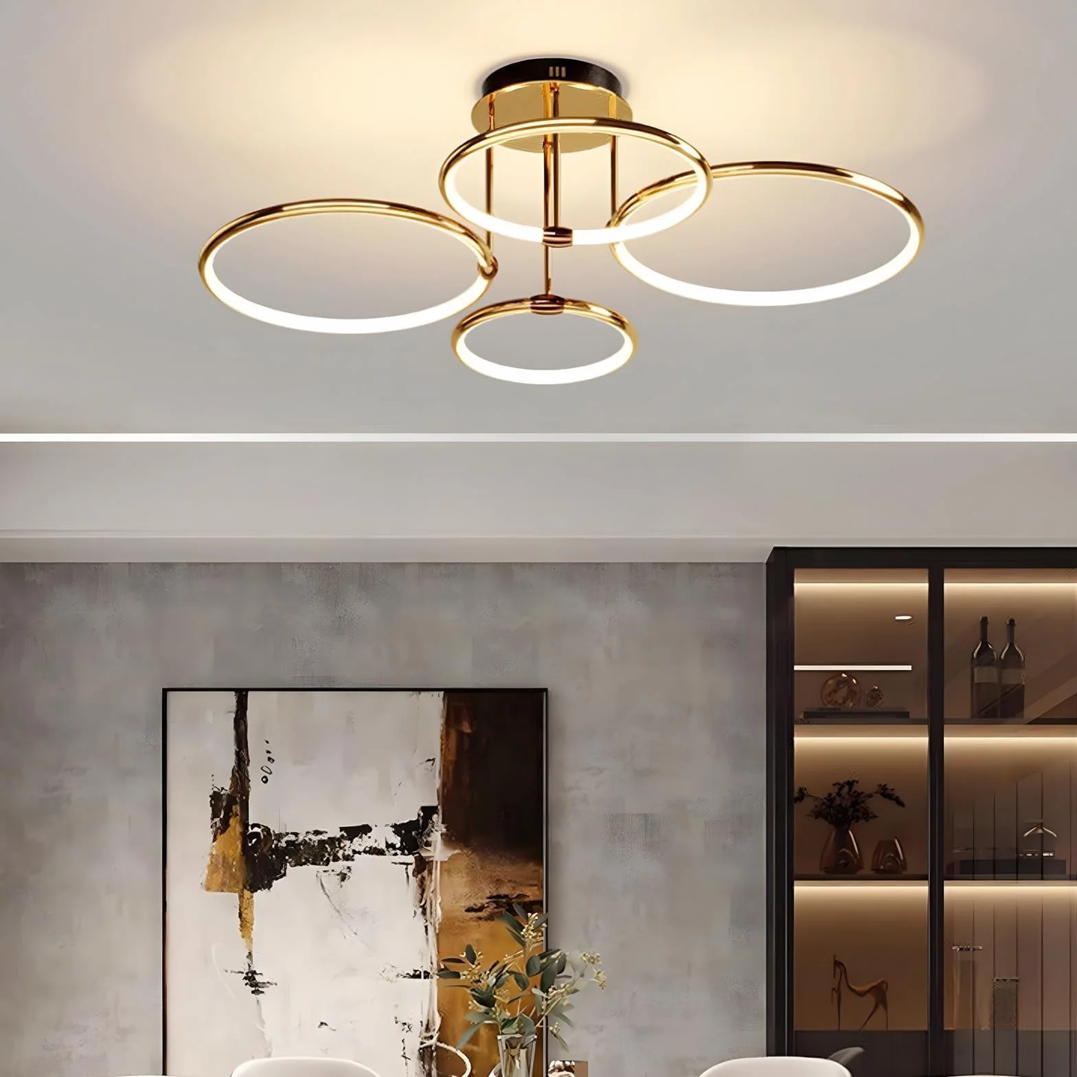 4 Okrągłe Pierścienie Złota Lampa Sufitowa Led, Ø75cm Żyrandol O Średnicy, 85W Bezstopniowo Przyciemniana, Kreatywna Metalowa Galwanizowana Lampa Wisząca, Nowoczesna Lampa Do Sypialni, Salonu Biura