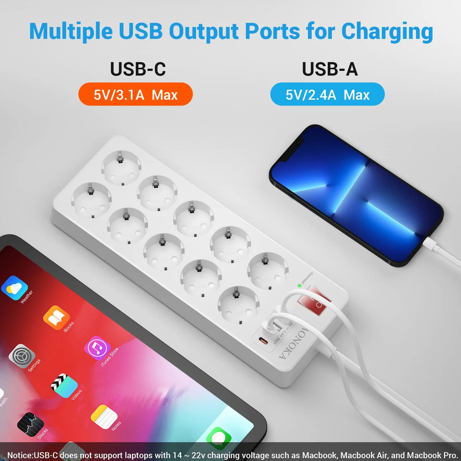 Listwa Zasilająca 10 gniazd USB C 5V/3.4A Przeciwprzepięciowa Przełącznik Montaż na Ścianie Biały 1.5 m