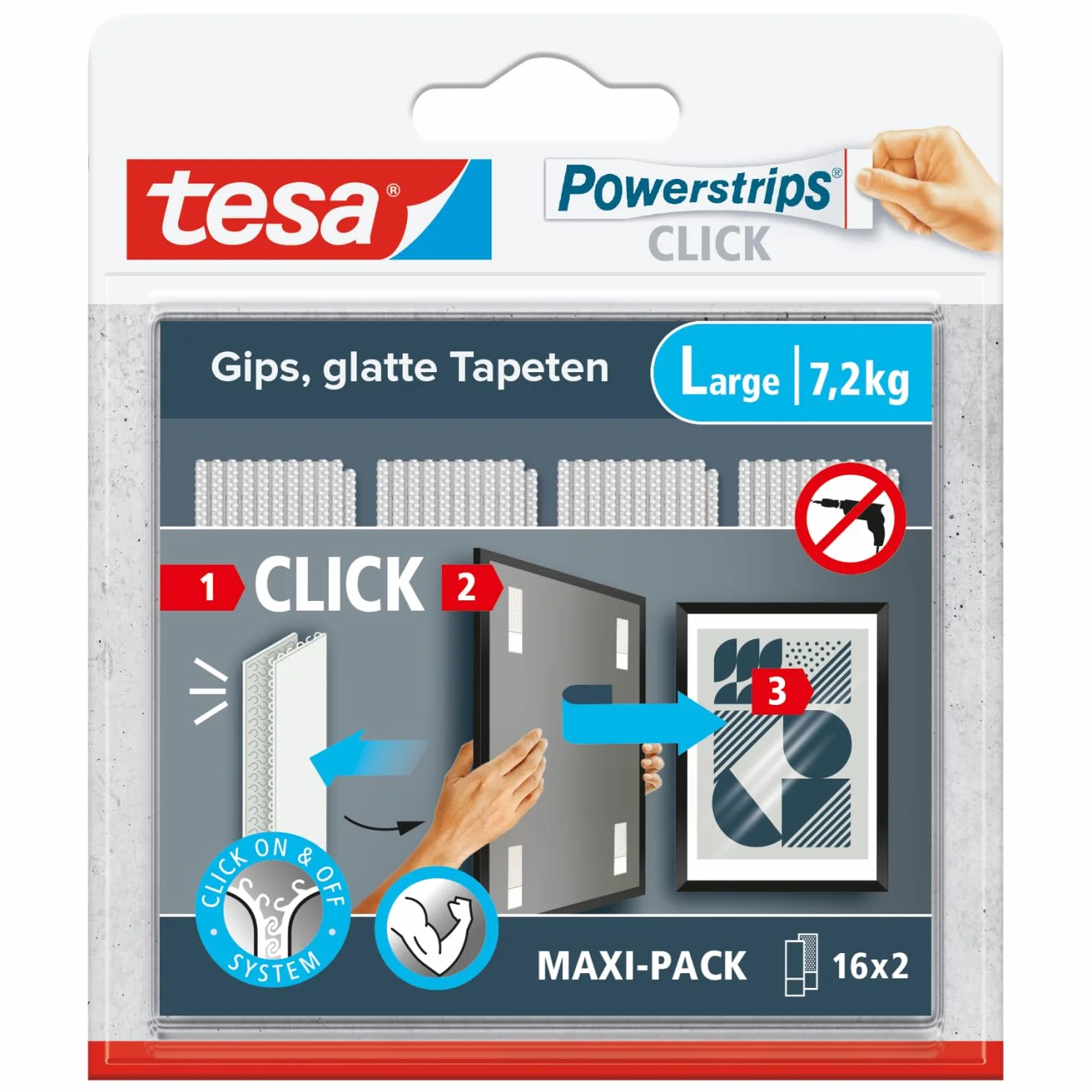 tesa Powerstrips CLICK – podkładki samoprzylepne na rzepy do przypinania i zamykania ramek na zdjęcia i dekoracji ściennych bez wiercenia – samoprzylepne paski na rzepy z systemem zatrzaskowym ON i