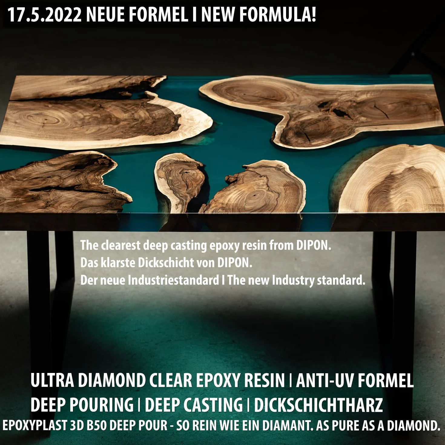 Żywica epoksydowa Epoksydowa, 1,5 kg, 3D, B50, DEEP POUR, wysokość odlewania do stołów rywertycznych, ultra diamentowa przezroczysta, maksymalna ochrona przed promieniowaniem UV, żywica odlewnicza