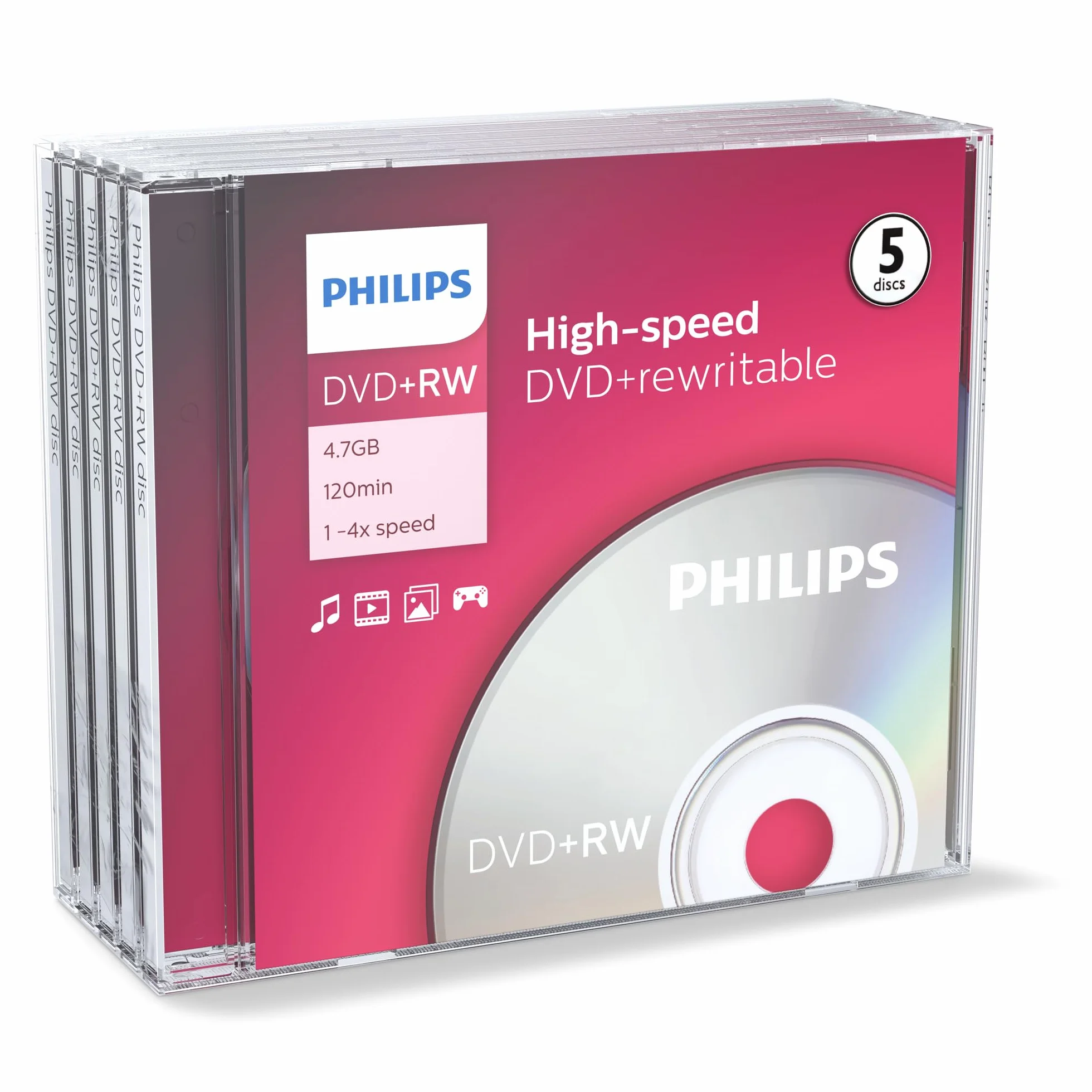 Philips DVD+RW 4.7 GB 120 min 1-4x prędkość 5 szt. Jewel Case