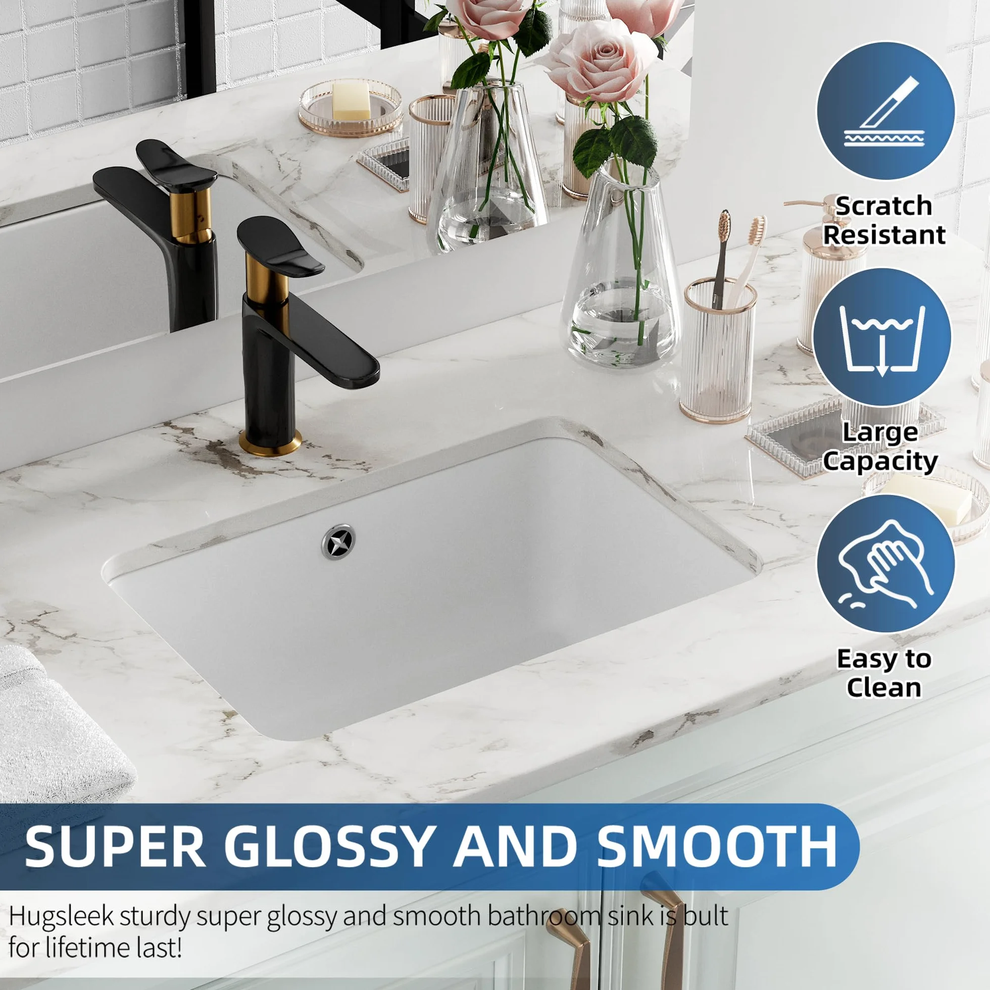 Podmontowany zlew łazienkowy prostokątny, Hugsleek wewnętrzna miska rozmiar 40 x 28 cm biała porcelanowa ceramiczna umywalka pod blatem rozmiar zewnętrzny 45 x 33 cm prostokątna umywalka wannowa