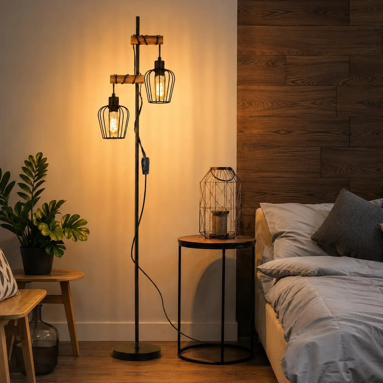 ZMH Lampa podłogowa do salonu z drewna, czarna stojąca lampa - Vintage lampa do salonu stojąca w stylu industrialnym, metalowa lampa stojąca, 2-płomienna, gwint E27, 151cm lampa stojąca do sypialni