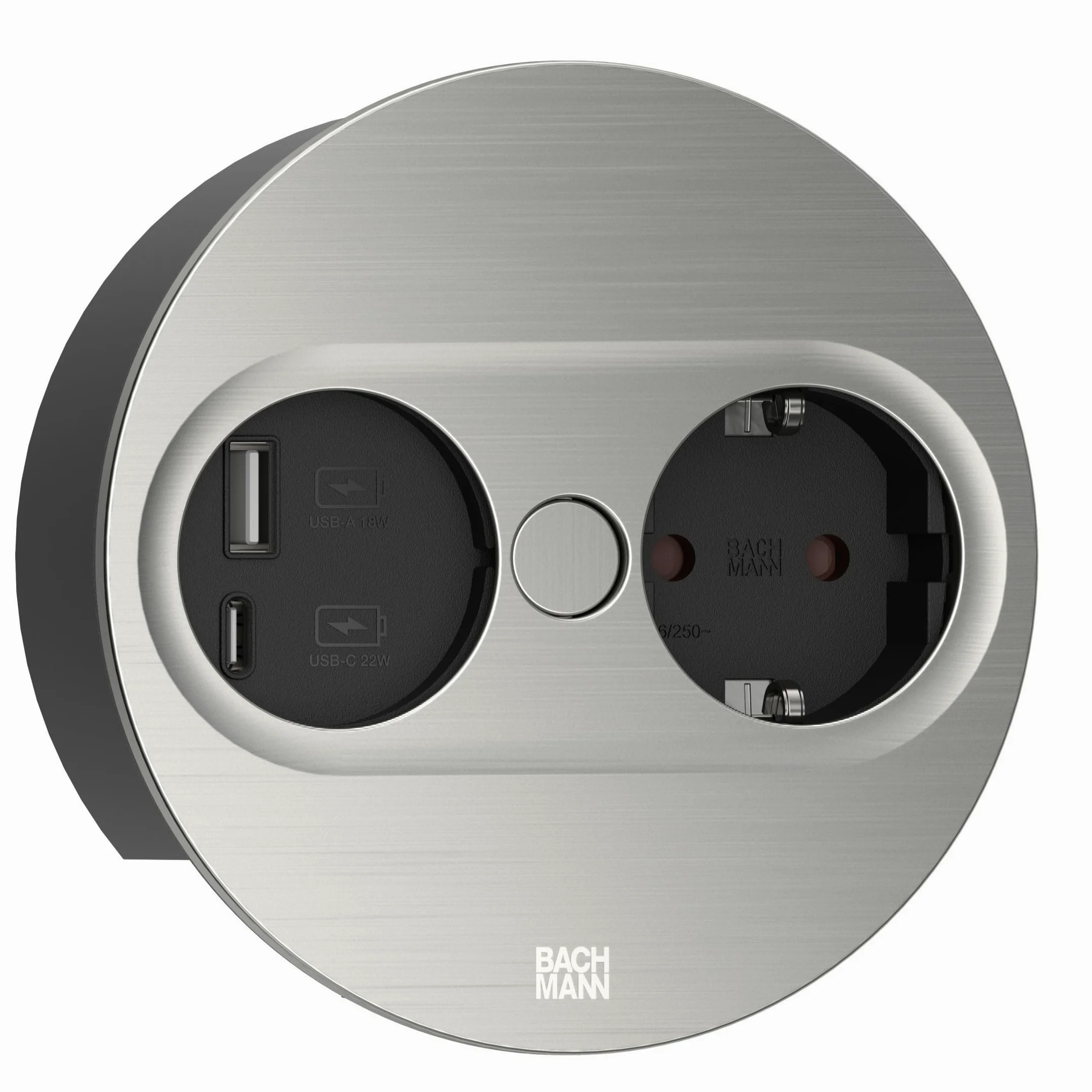 BACHMANN Gniazdo wtykowe do zabudowy Twist 2, okrągłe, 1 x gniazdko z USB A i USB C, 2 m, do kuchni i biura, wygląd stali nierdzewnej 946.004 (z automatycznym otwieraniem i powłoką zapobiegającą