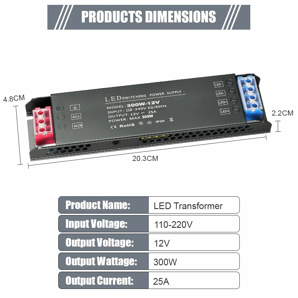 AXFEE Transformator LED 240 V, 12 V, 300 W, ultra cienki transformator, sterownik LED, konwerter przewodzący zasilanie stałym napięciem, do taśm, projektorów wciśniętych