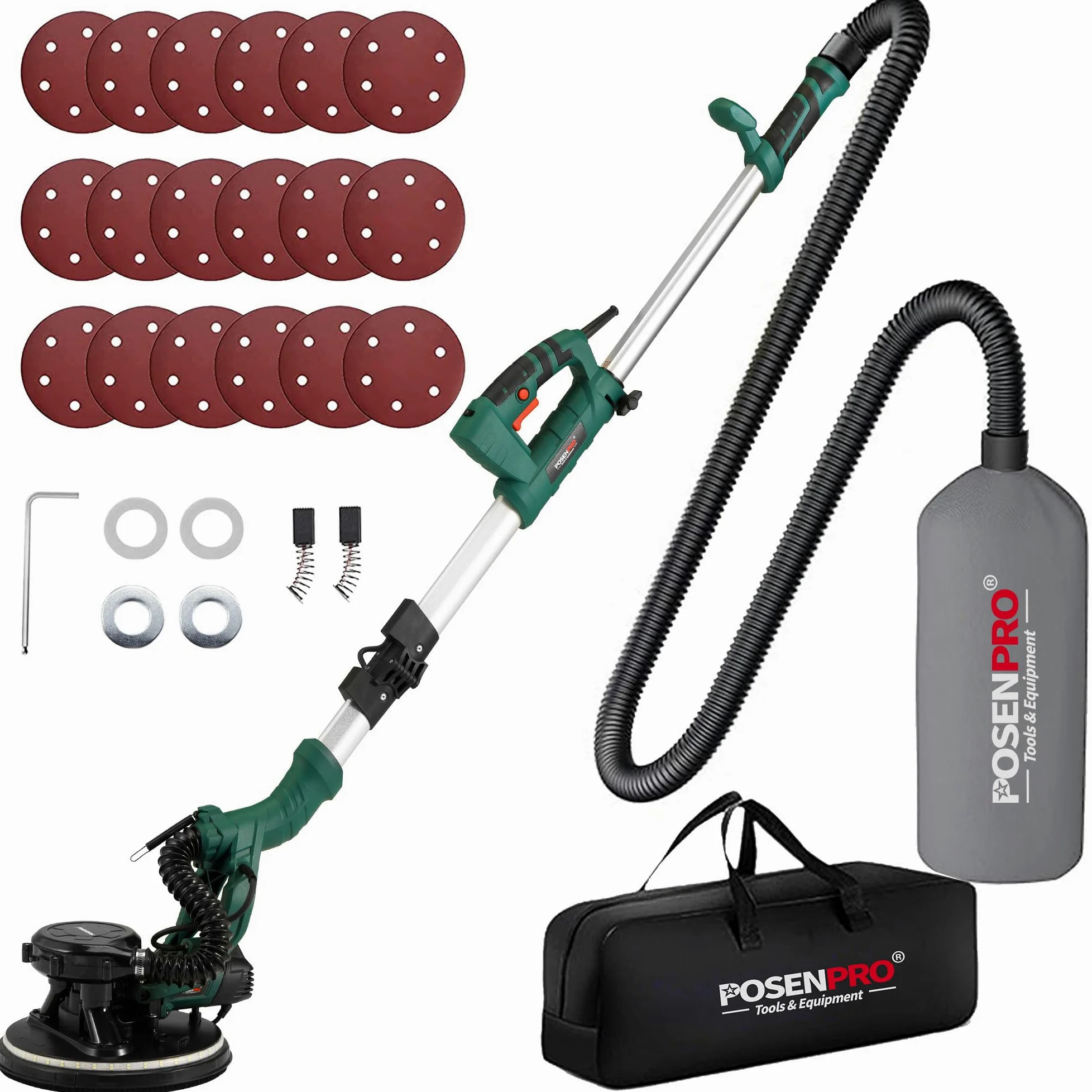 POSENPRO Szlifierka do gipsu 810 W, Elektryczna szlifierka ścienna/sufitu Giraffe z 6 regulowanymi prędkościami, 18 papierem ściernym, składanym wysuwanym uchwytem, światło LED