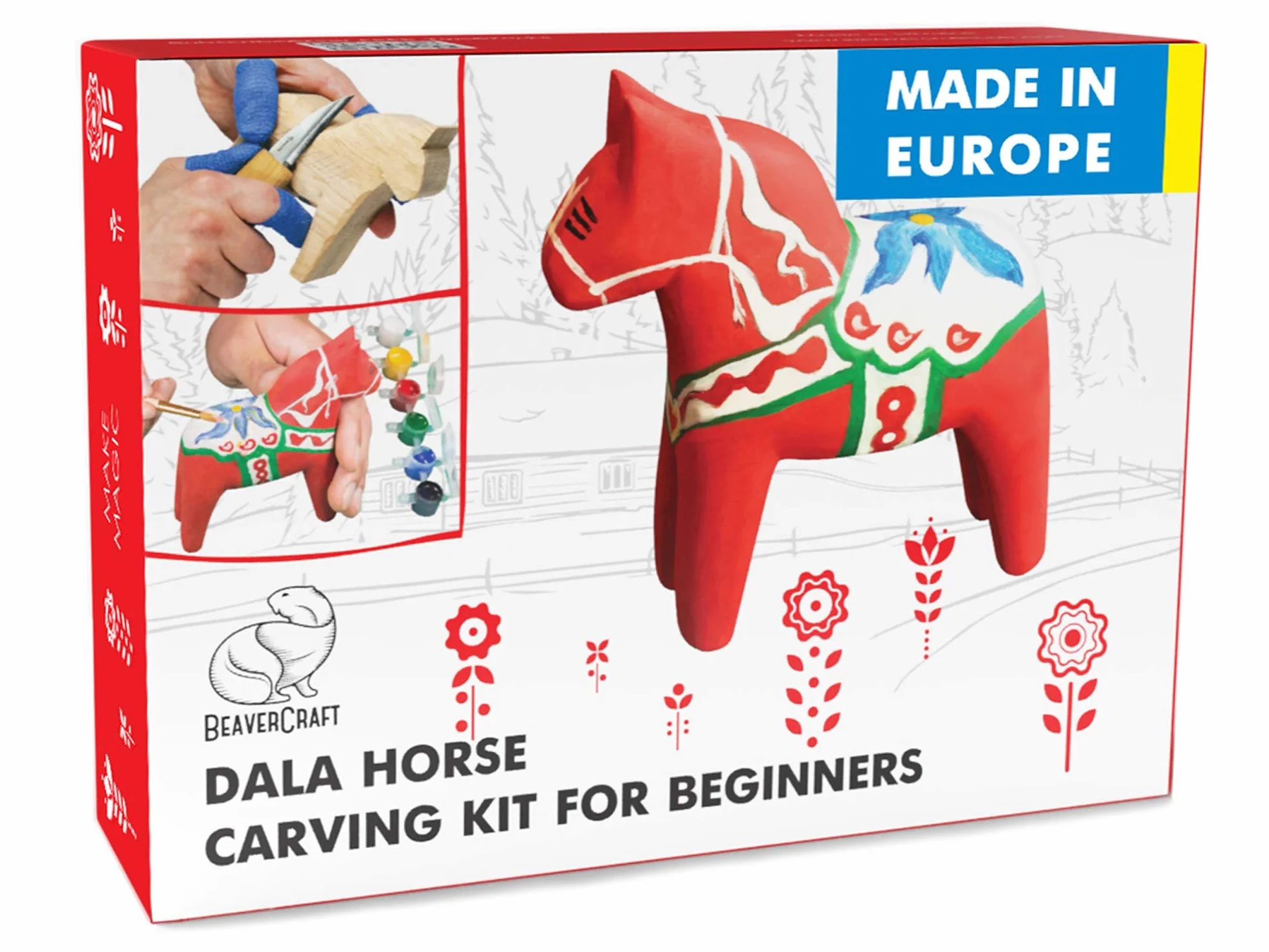 BeaverCraft Zestaw do rzeźbienia w drewnie z nożem do strugania drewna lipowego DIY02 Dala Horse dla dorosłych i nastolatków Narzędzia do rzeźbienia w drewnie Prezenty hobbystyczne